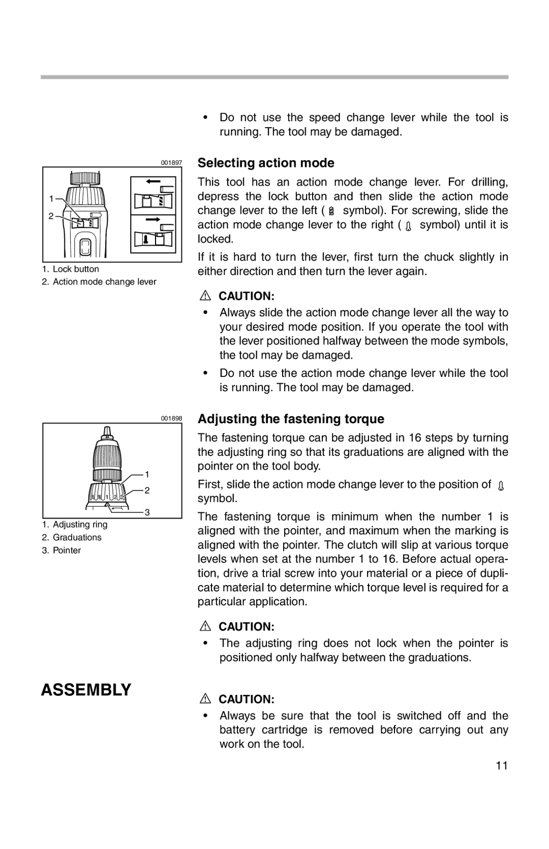 Makita 217D, 6237D instruction manual Assembly, Selecting action mode, Adjusting the fastening torque 