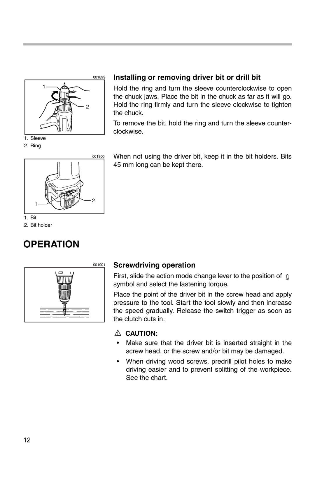 Makita 6237D, 217D instruction manual Operation, Installing or removing driver bit or drill bit, Screwdriving operation 