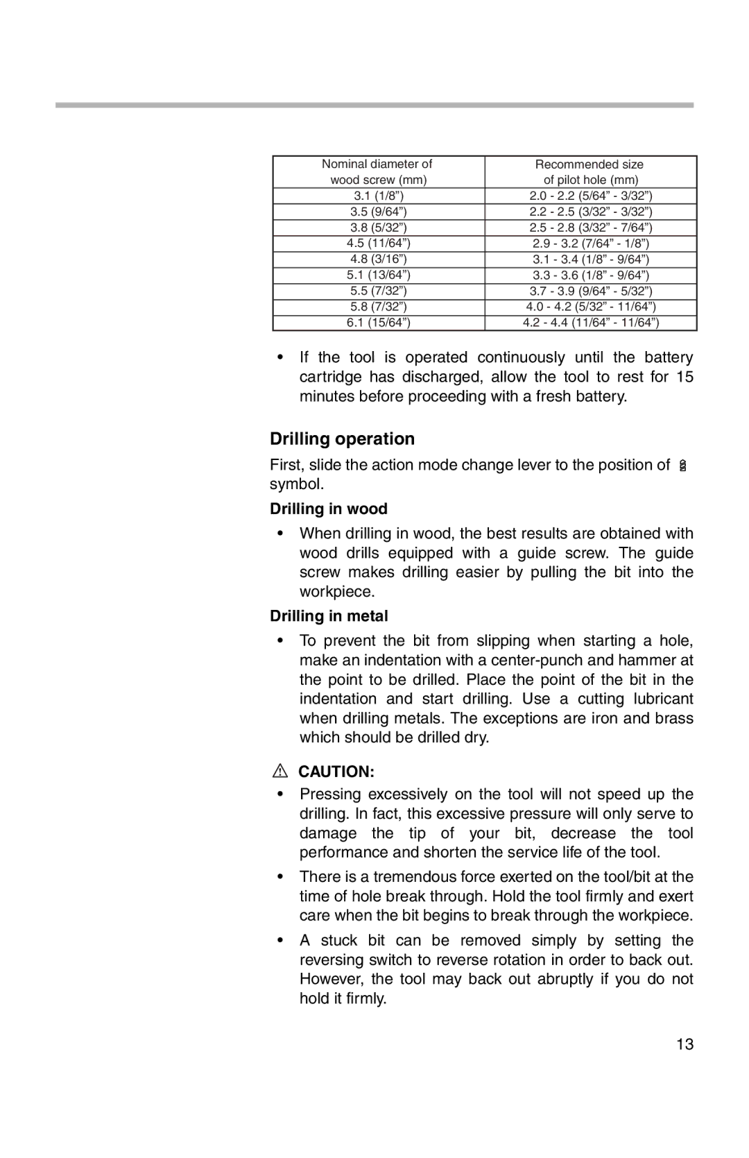 Makita 217D, 6237D instruction manual Drilling operation, Drilling in wood, Drilling in metal 
