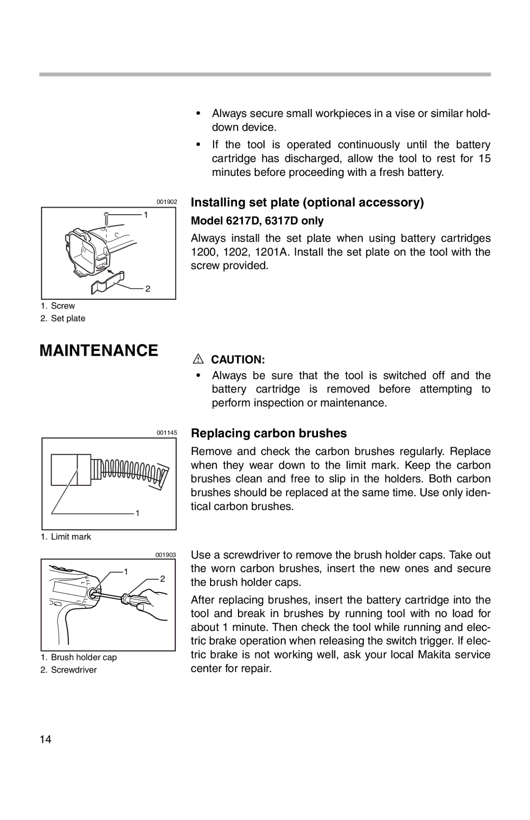 Makita 6237D Maintenance, Installing set plate optional accessory, Replacing carbon brushes, Model 6217D, 6317D only 