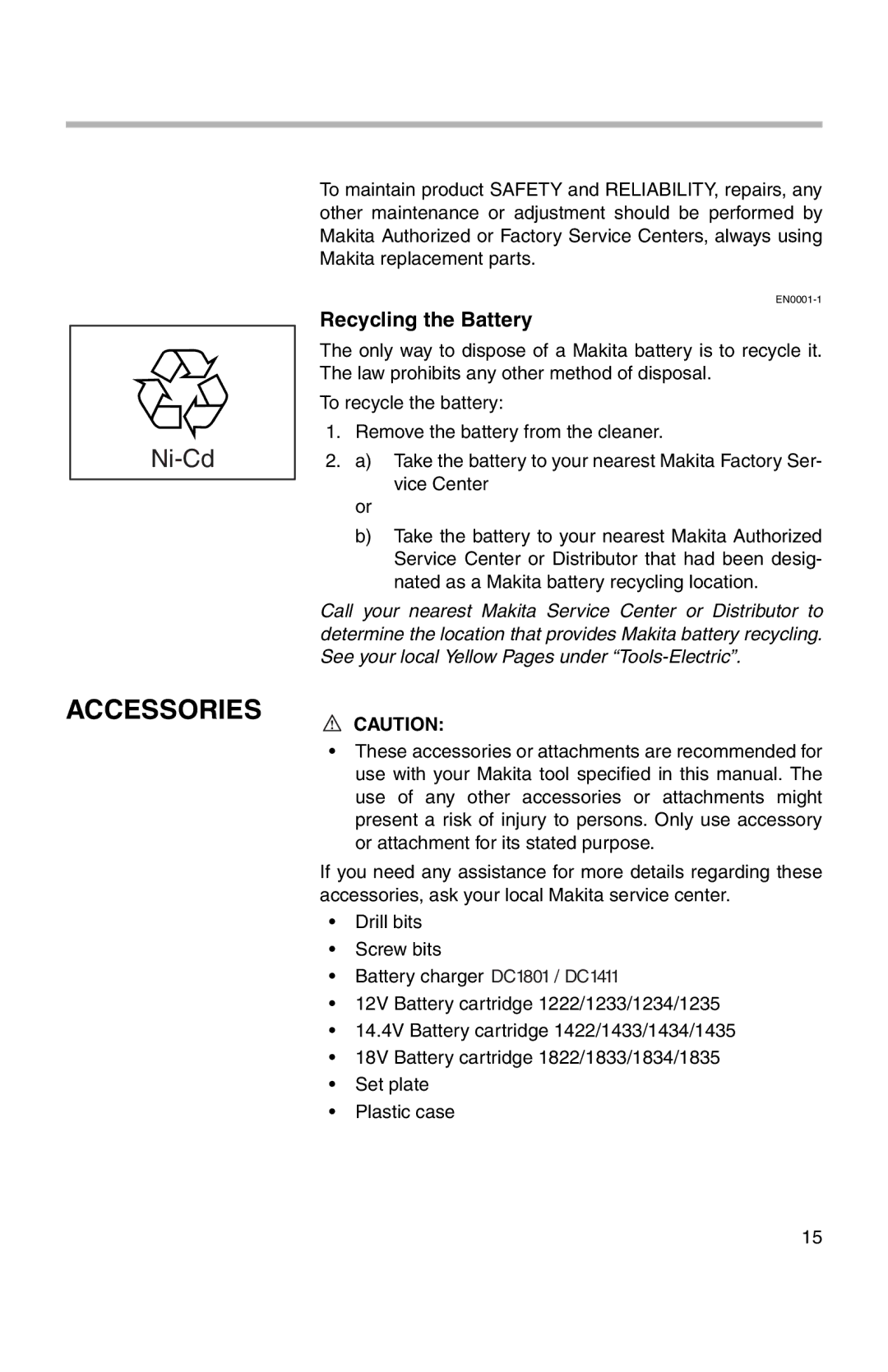 Makita 217D, 6237D instruction manual Accessories, Recycling the Battery 