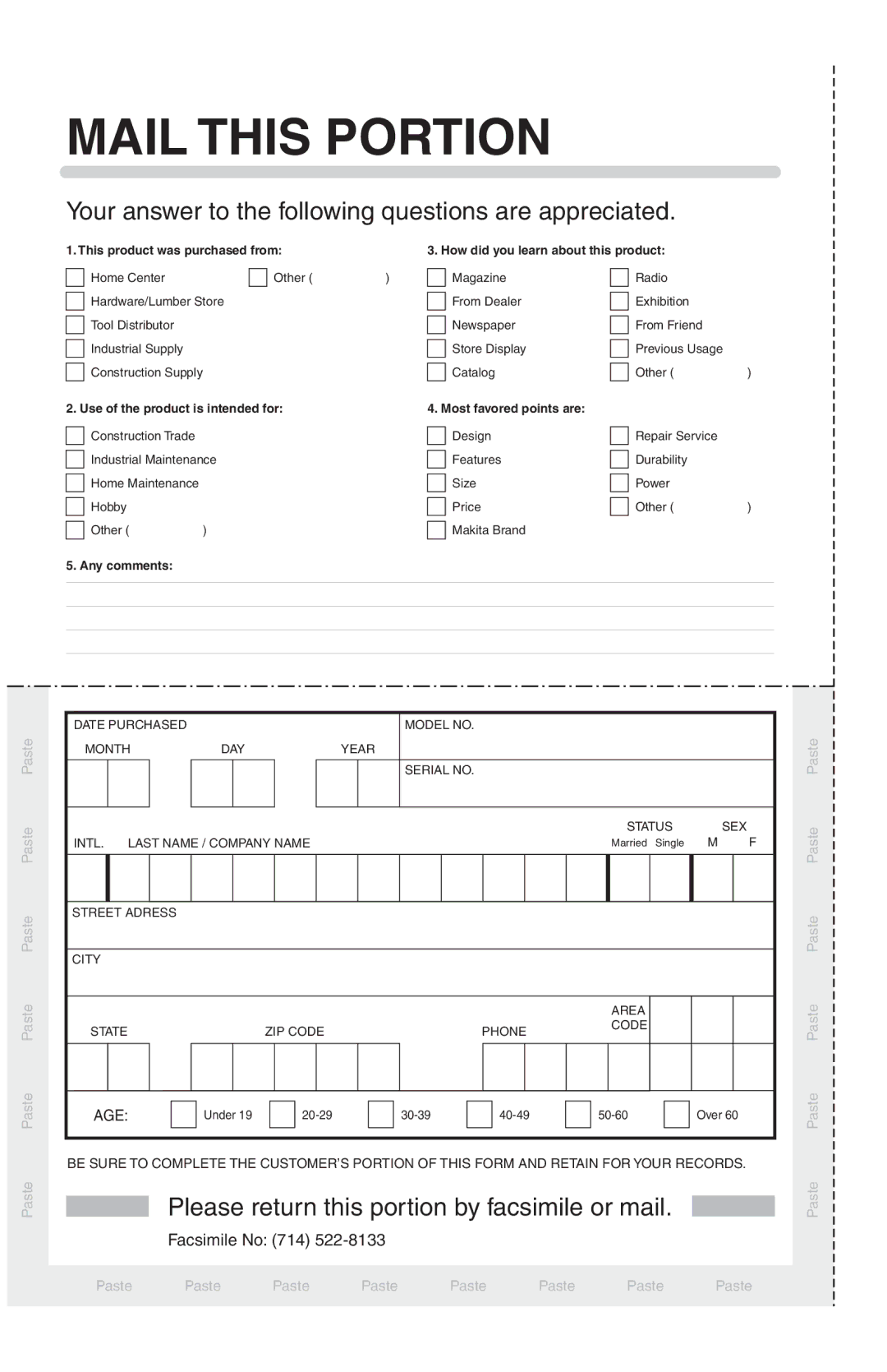 Makita 6237D, 217D instruction manual Mail this Portion 