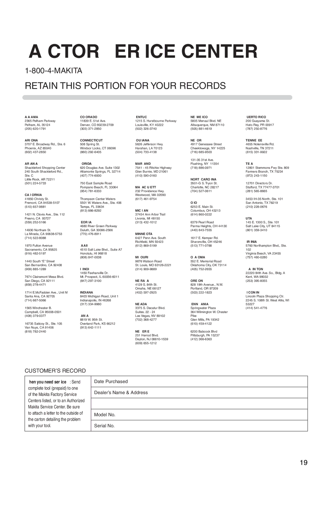 Makita 217D, 6237D instruction manual Factory Service Centers 