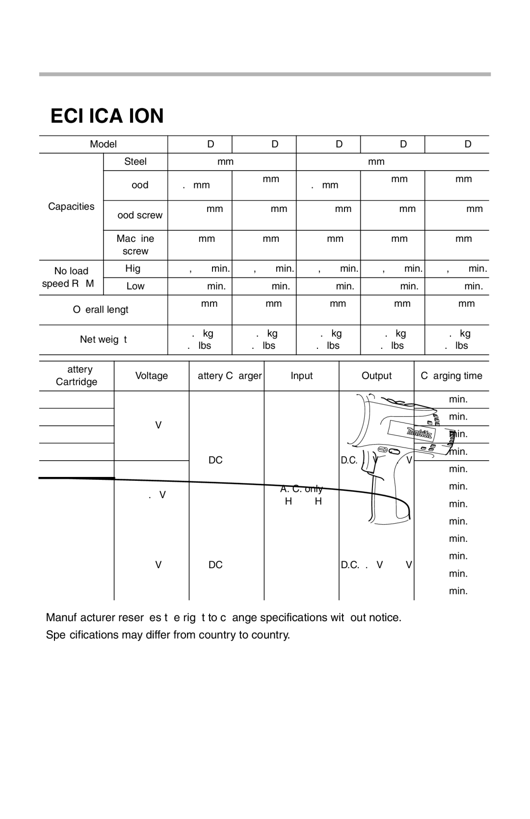 Makita 6237D, 217D instruction manual Specifications, 10 mm 3/8 