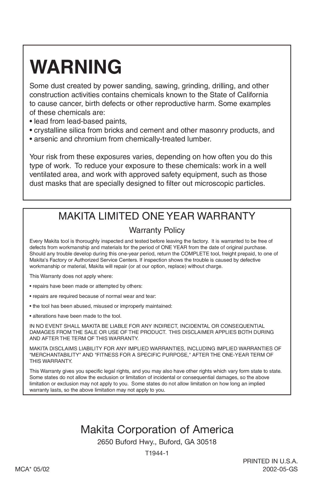 Makita 6237D, 217D instruction manual Makita Corporation of America 