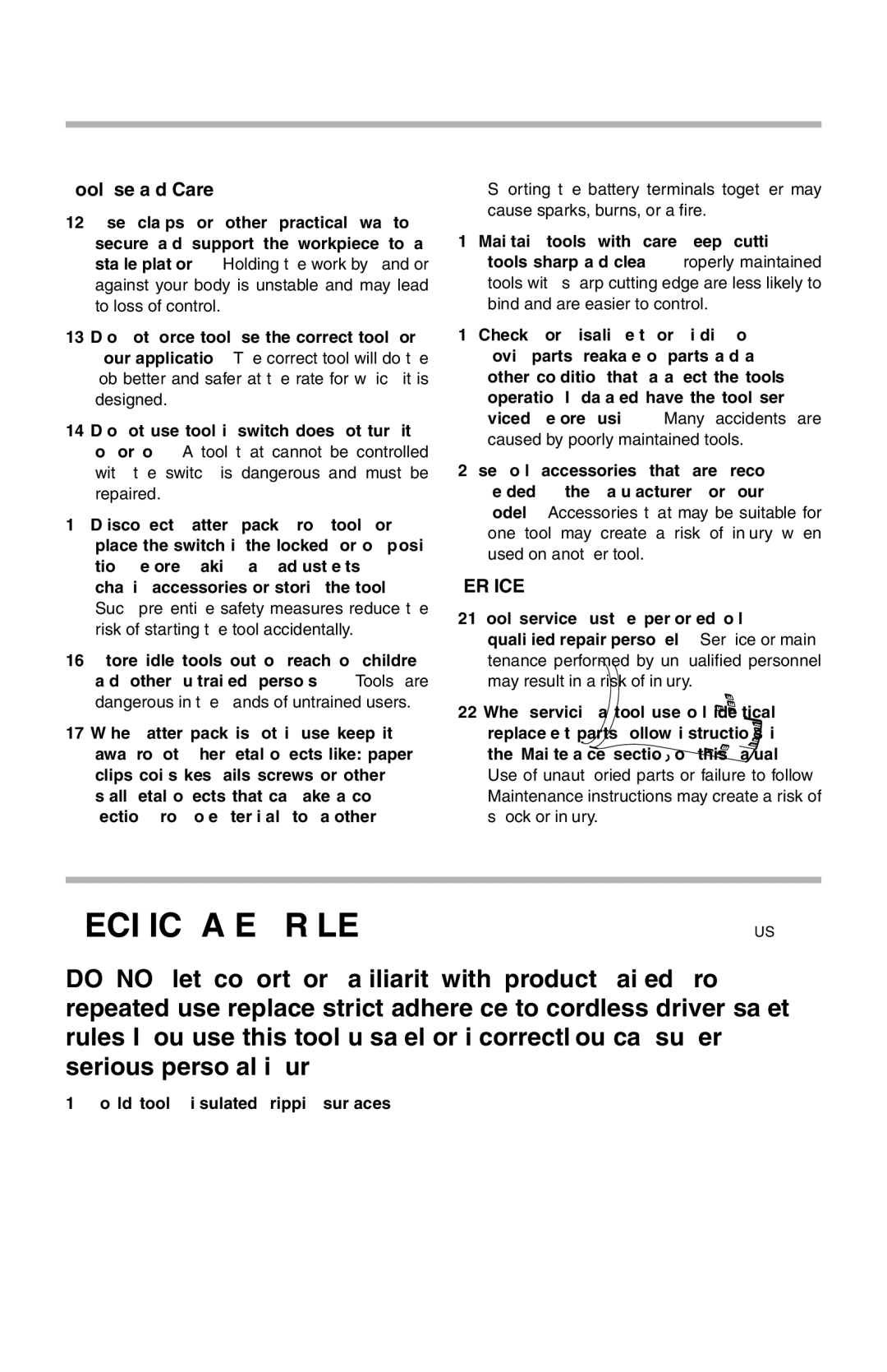 Makita 6237D, 217D instruction manual Specific Safety Rules, Tool Use and Care 