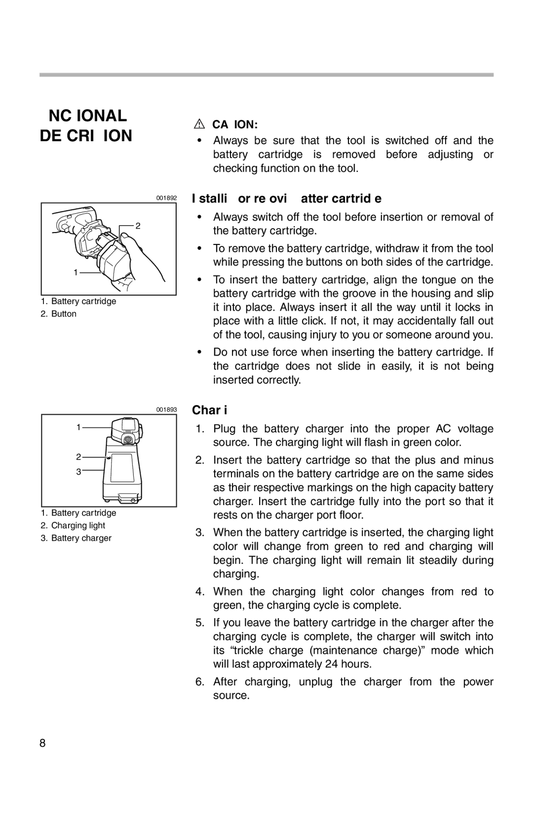 Makita 6237D, 217D instruction manual Functional Description, Installing or removing battery cartridge, Charging 