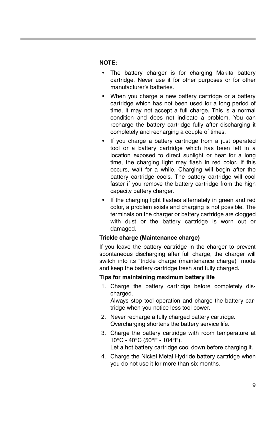 Makita 217D, 6237D instruction manual Trickle charge Maintenance charge, Tips for maintaining maximum battery life 