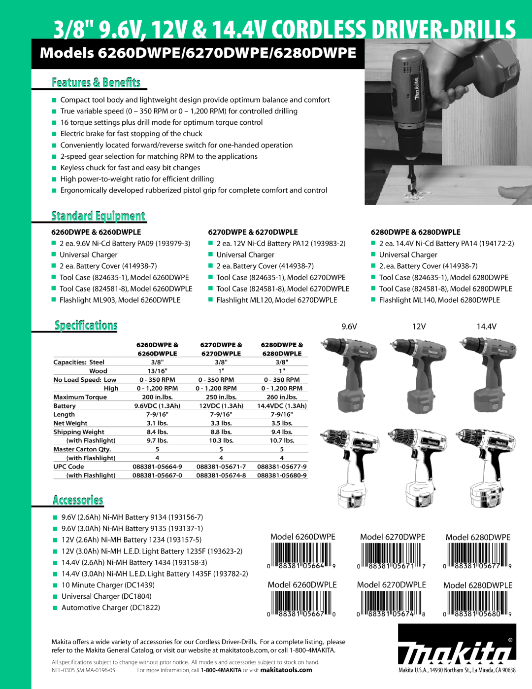 Makita 6270DWPLE, 6260DWPLE manual Features & Benefits, Standard Equipment, Specifications, Accessories 