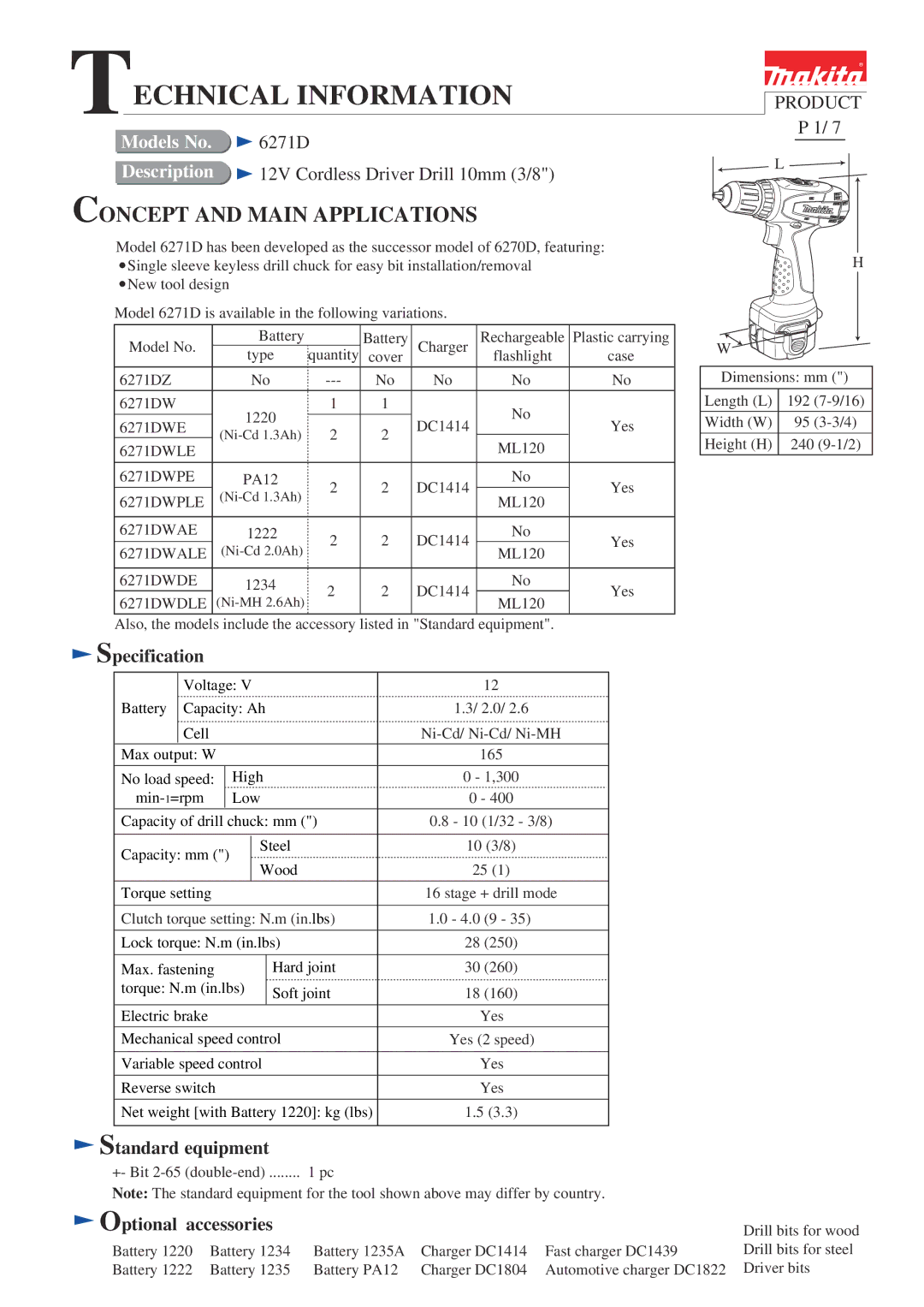 Makita dimensions Specification, Standard equipment, Optional accessories, 6271DWPLE, 6271DWALE 