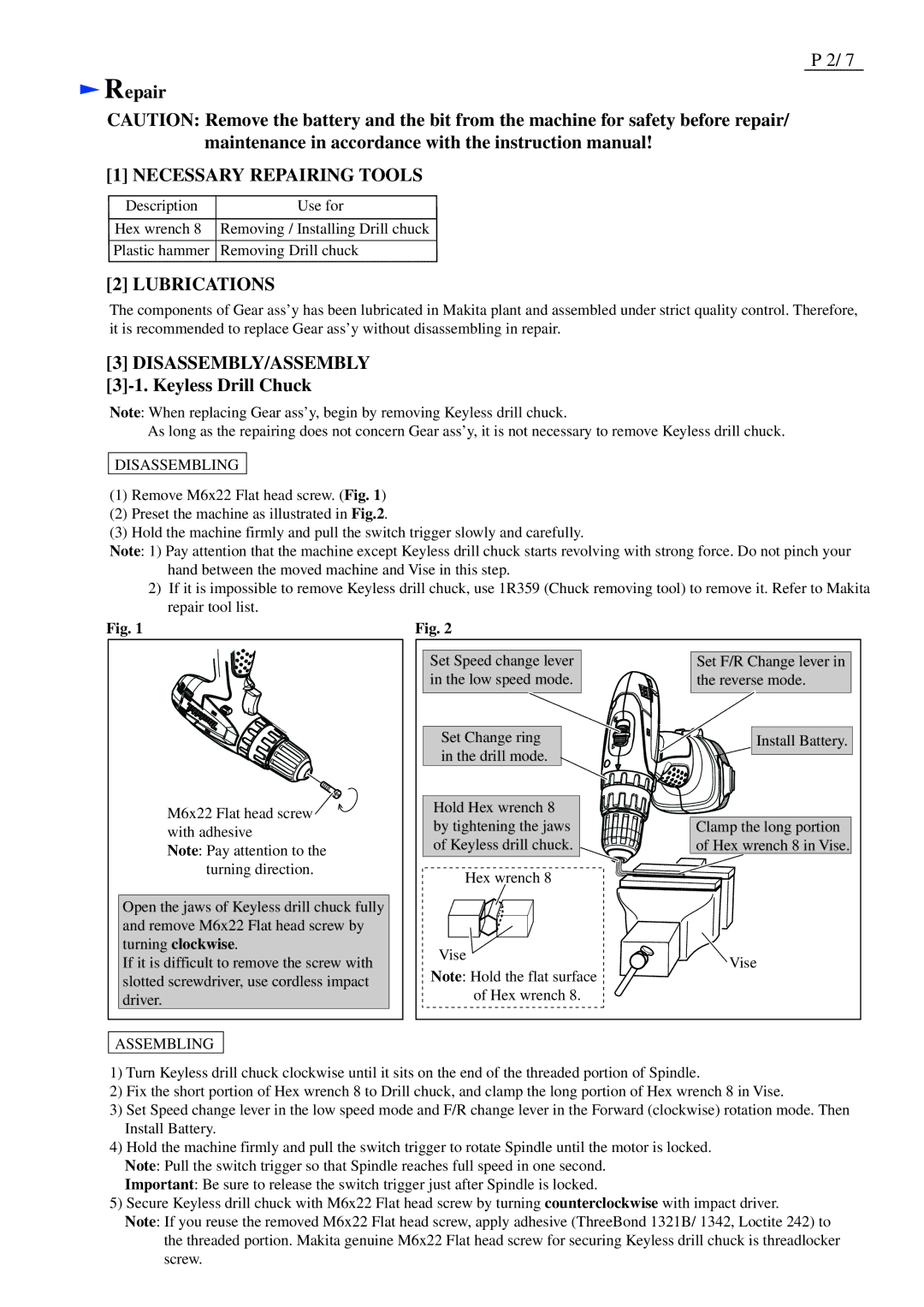 Makita 6271D dimensions Repair, Keyless Drill Chuck, Disassembling, Assembling 