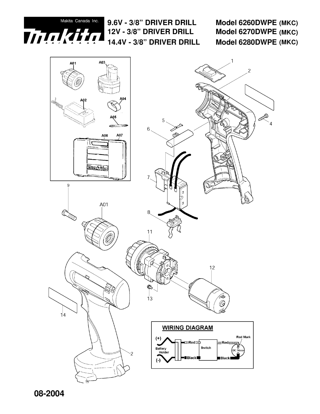 Makita 6270DWPE, 6280DWPE, 6260DWPE manual 08-2004 