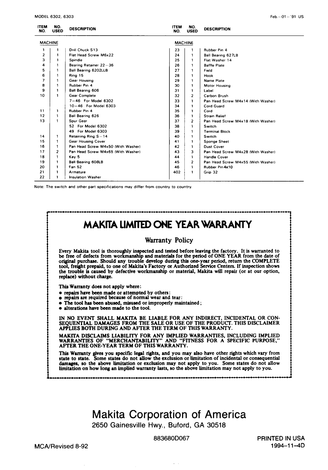 Makita 6303, 6302 specifications Makita Corporation of America 