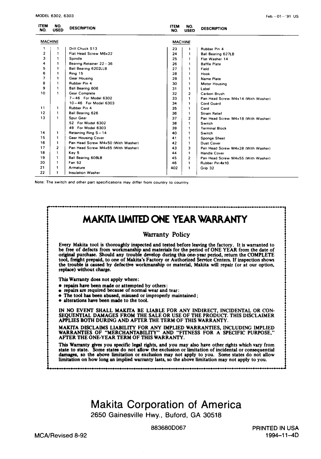 Makita 6303 Makita Corporation of America, MAKITA LIMllED ONE YEAR WARRANTY, warranty Policy, MCNRevised, 883680D067 