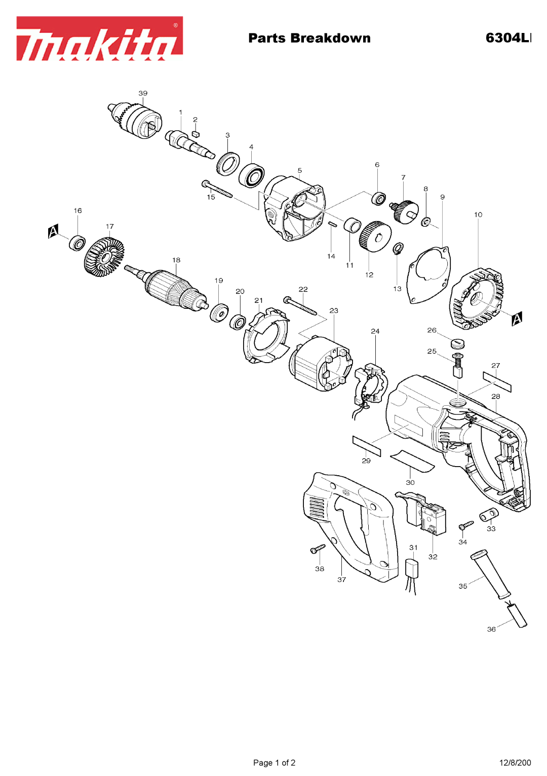 Makita 6304L manual Parts Breakdown 