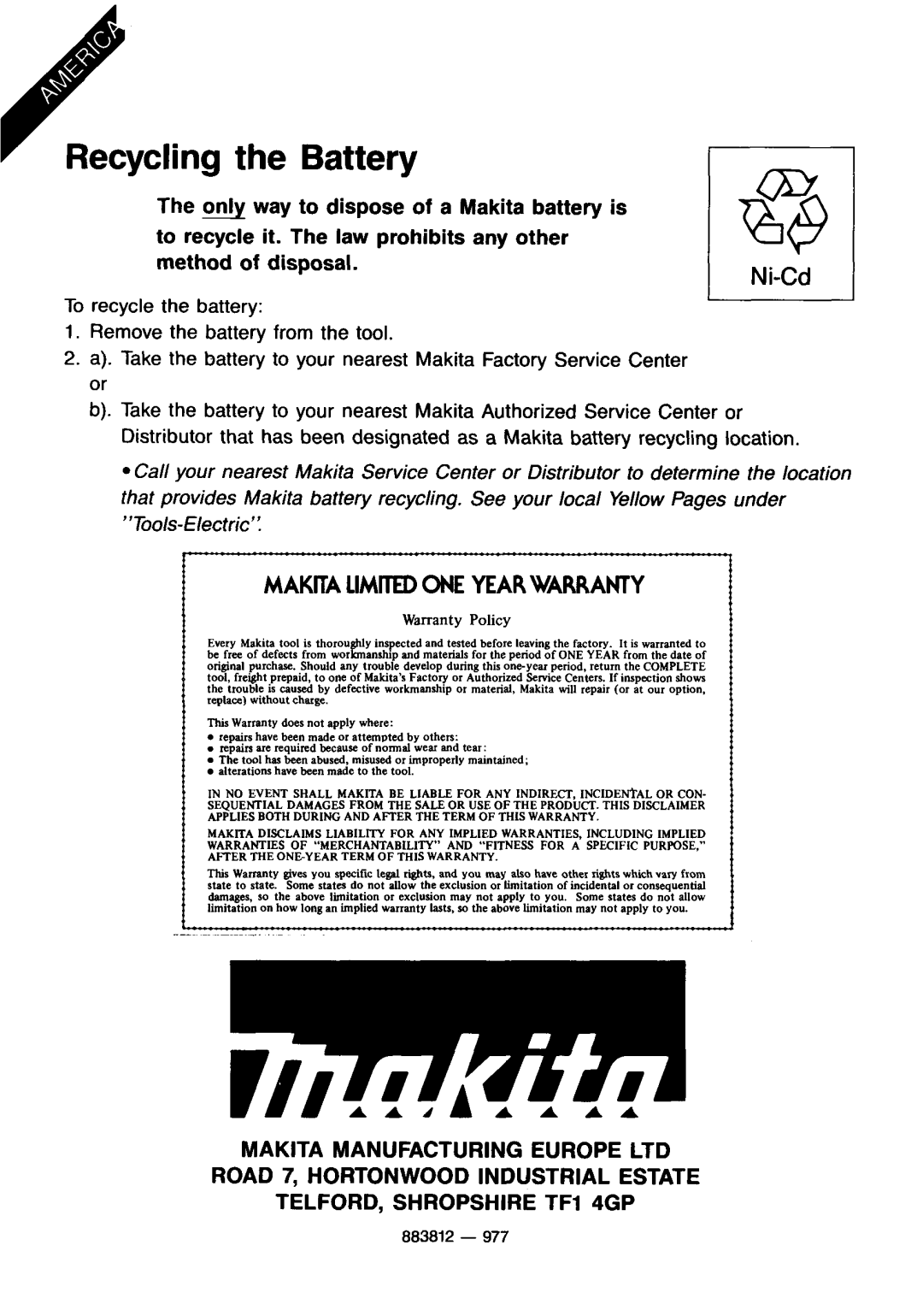 Makita 6311DW dimensions Recycling the Battery 