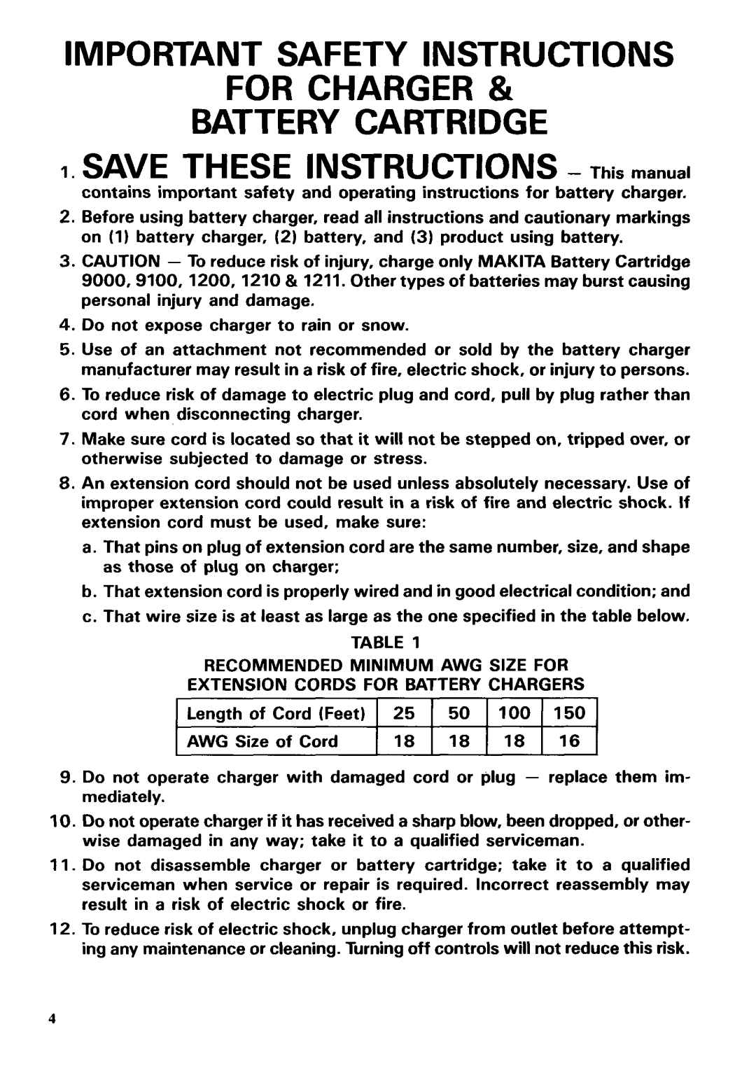 Makita 6311DW dimensions Important Safety Instructions For Charger Battery Cartridge 