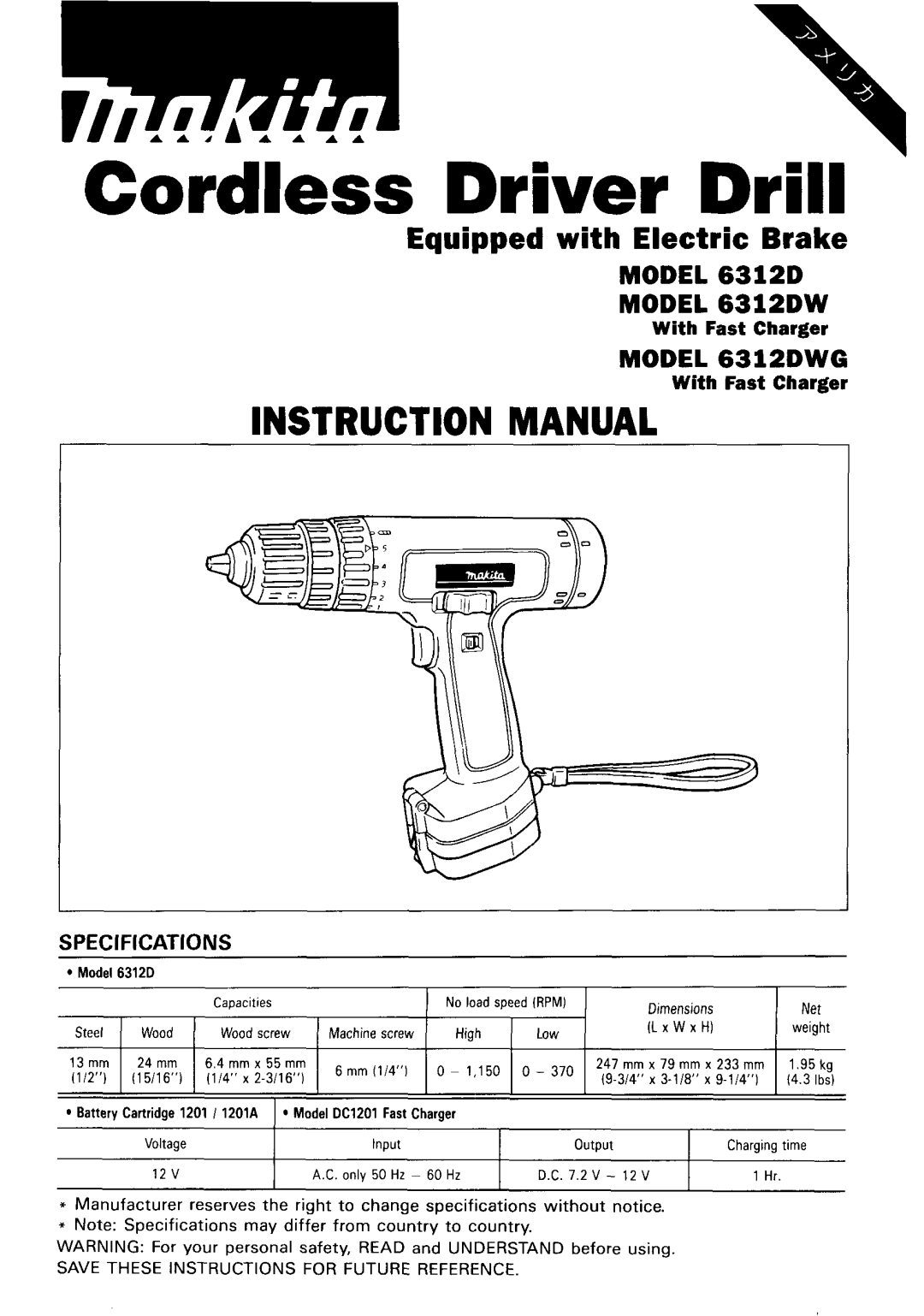 Makita 6312DWG dimensions Cordless Driver Drill 