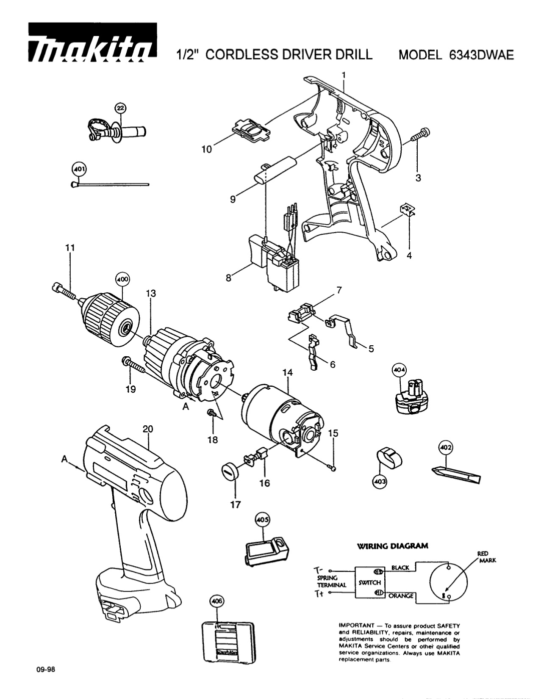 Makita manual a a a a a a a, Cordless Driver Drill Model 6343DWAE, Wring Diagram 