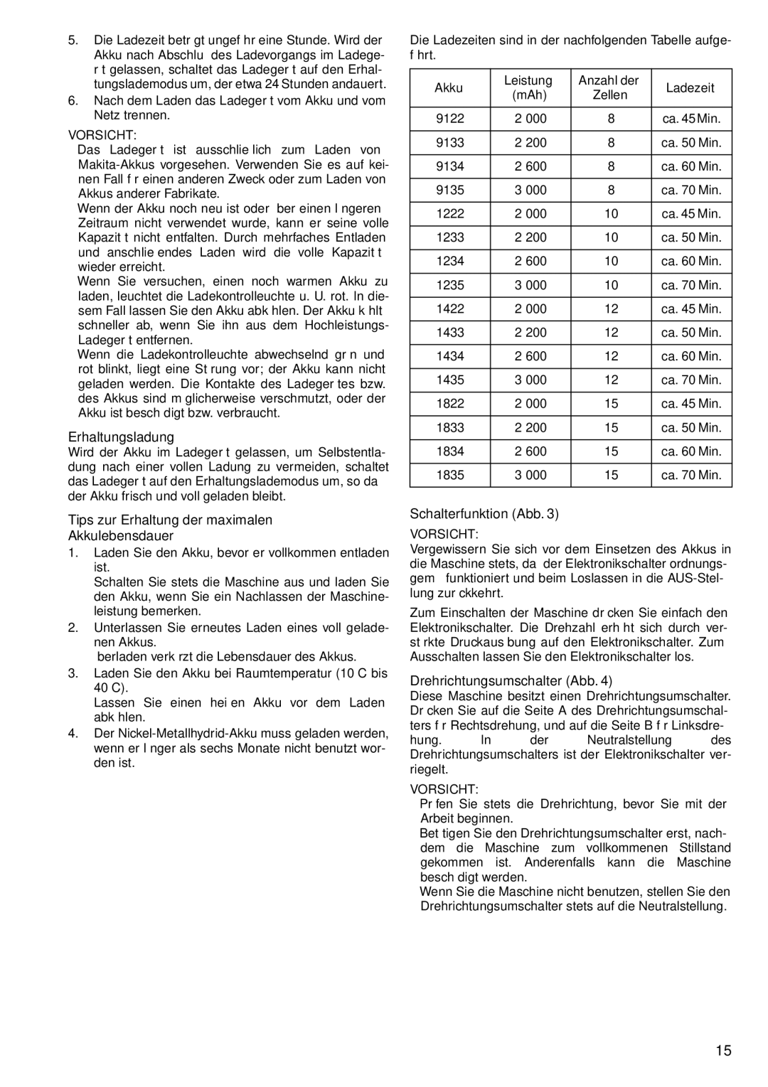 Makita 6347D, 6337D, 6317D, 6217D Erhaltungsladung, Tips zur Erhaltung der maximalen Akkulebensdauer, Schalterfunktion Abb 