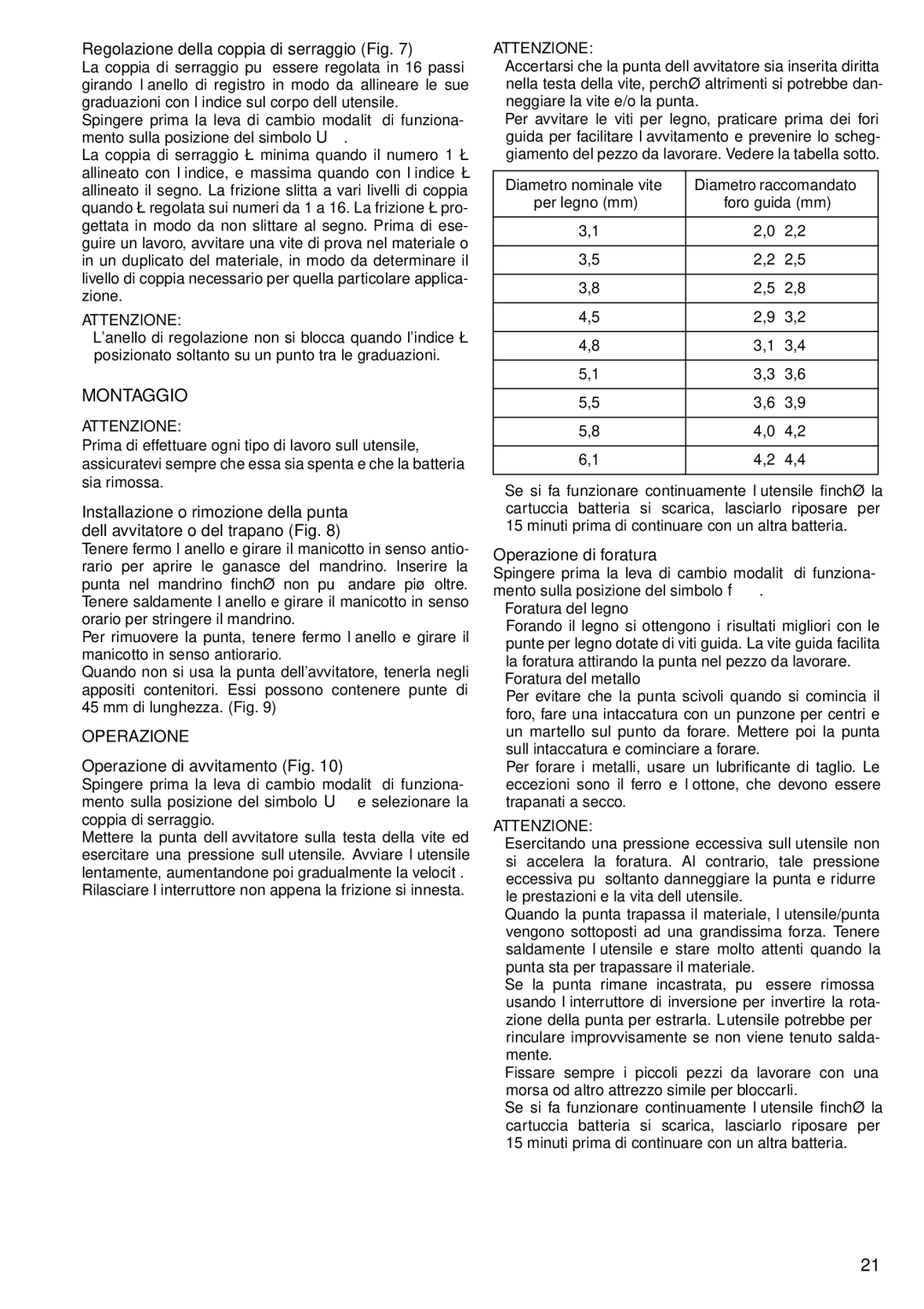 Makita 6337D, 6347D, 6317D, 6217D Montaggio, Regolazione della coppia di serraggio Fig, Operazione di avvitamento Fig 