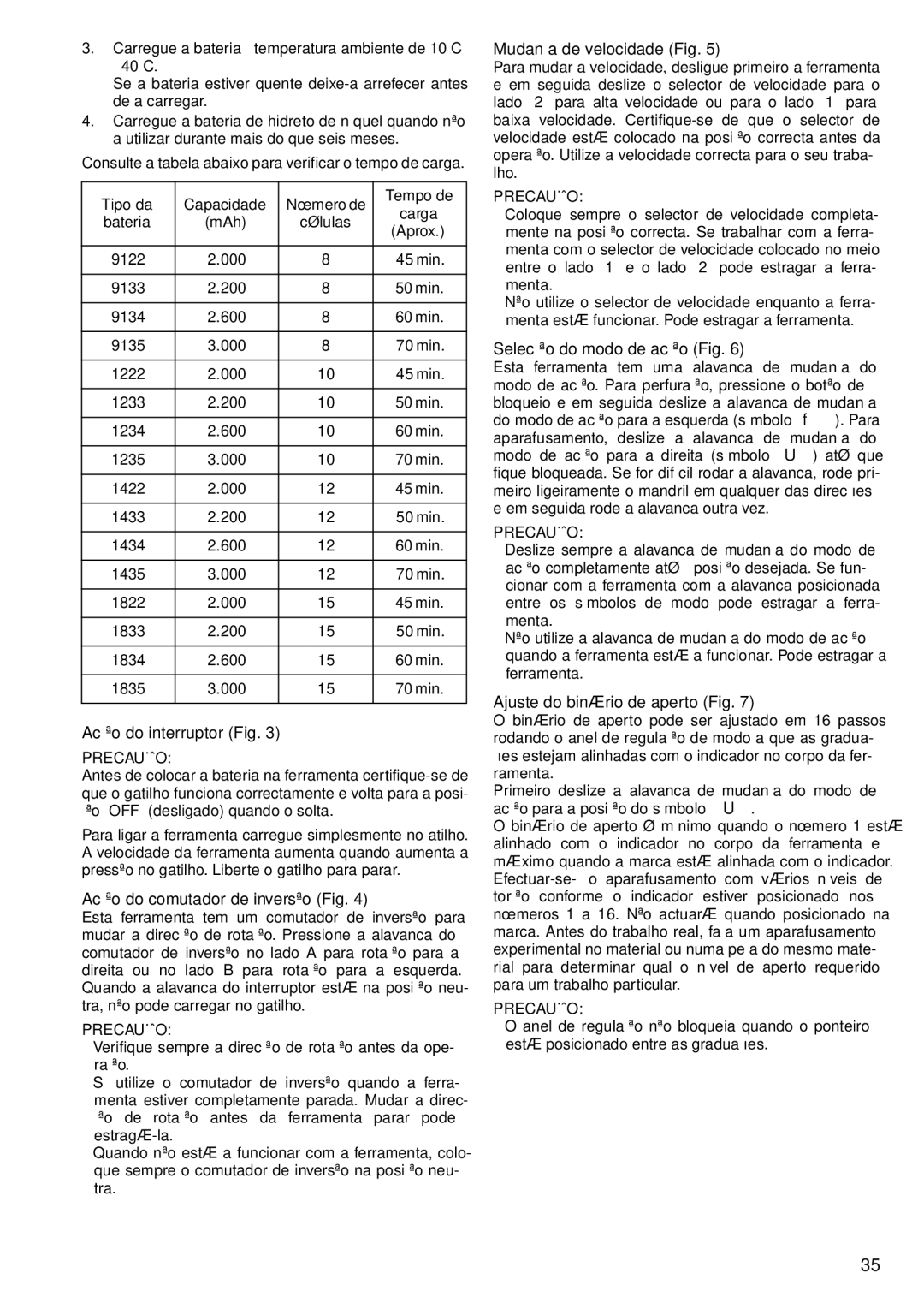 Makita 6347D, 6337D, 6317D, 6217D Acção do interruptor Fig, Acção do comutador de inversão Fig, Mudança de velocidade Fig 