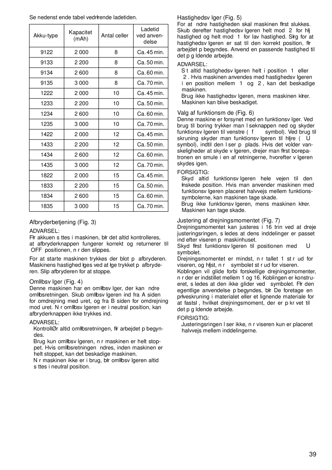 Makita 6207D, 6347D, 6337D, 6317D Afbryderbetjening Fig, Omløbsvælger Fig, Hastighedsvælger Fig, Valg af funktionsmåde Fig 