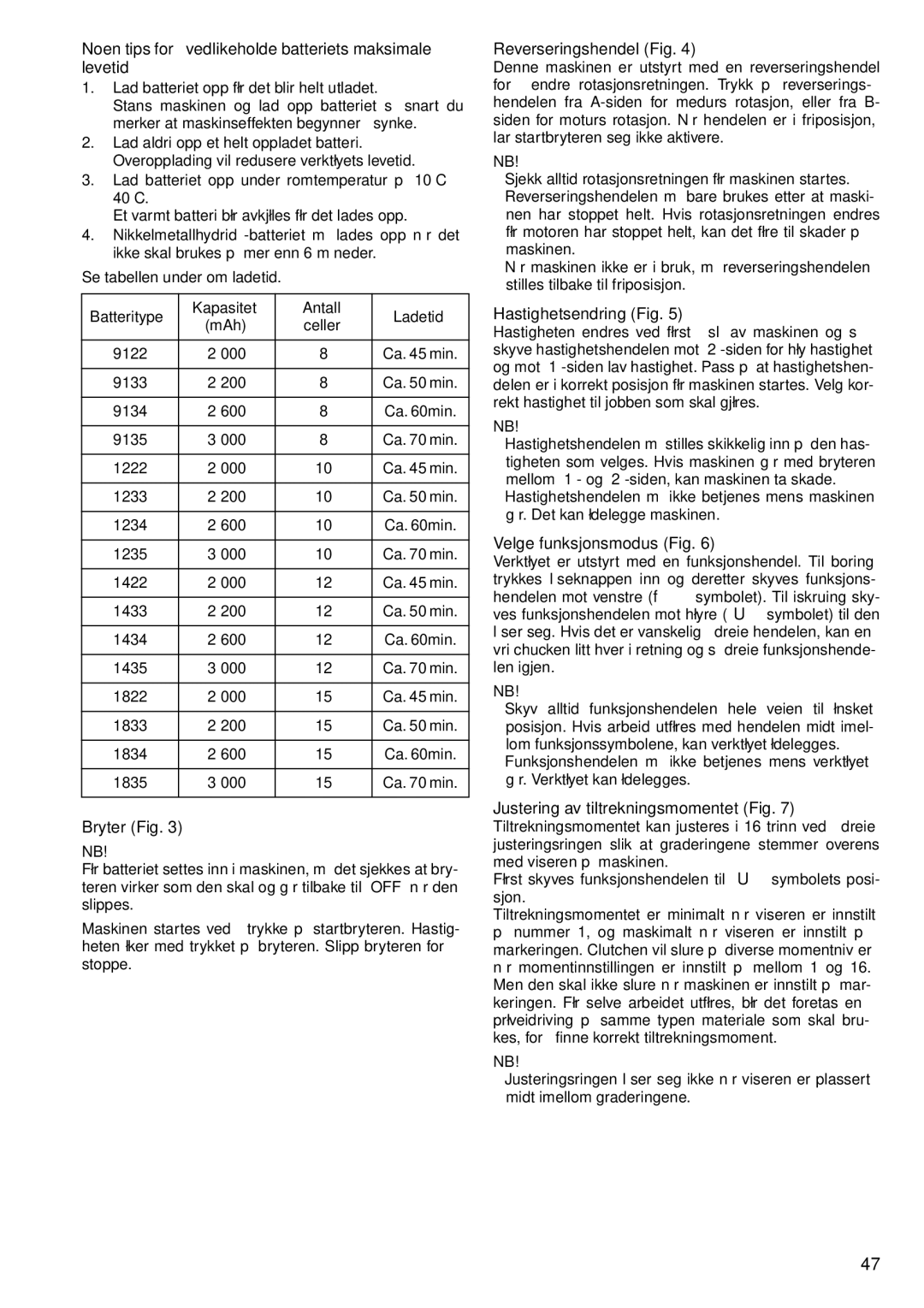 Makita 6317D, 6347D, 6337D Noen tips for å vedlikeholde batteriets maksimale levetid, Bryter Fig, Reverseringshendel Fig 