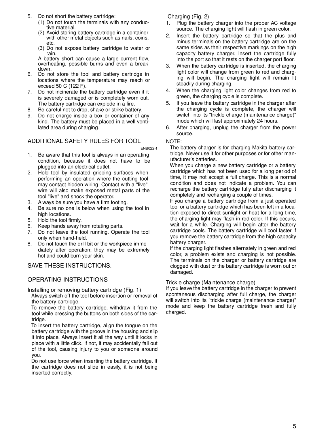 Makita 6347D, 6337D Additional Safety Rules for Tool, Operating Instructions, Installing or removing battery cartridge Fig 