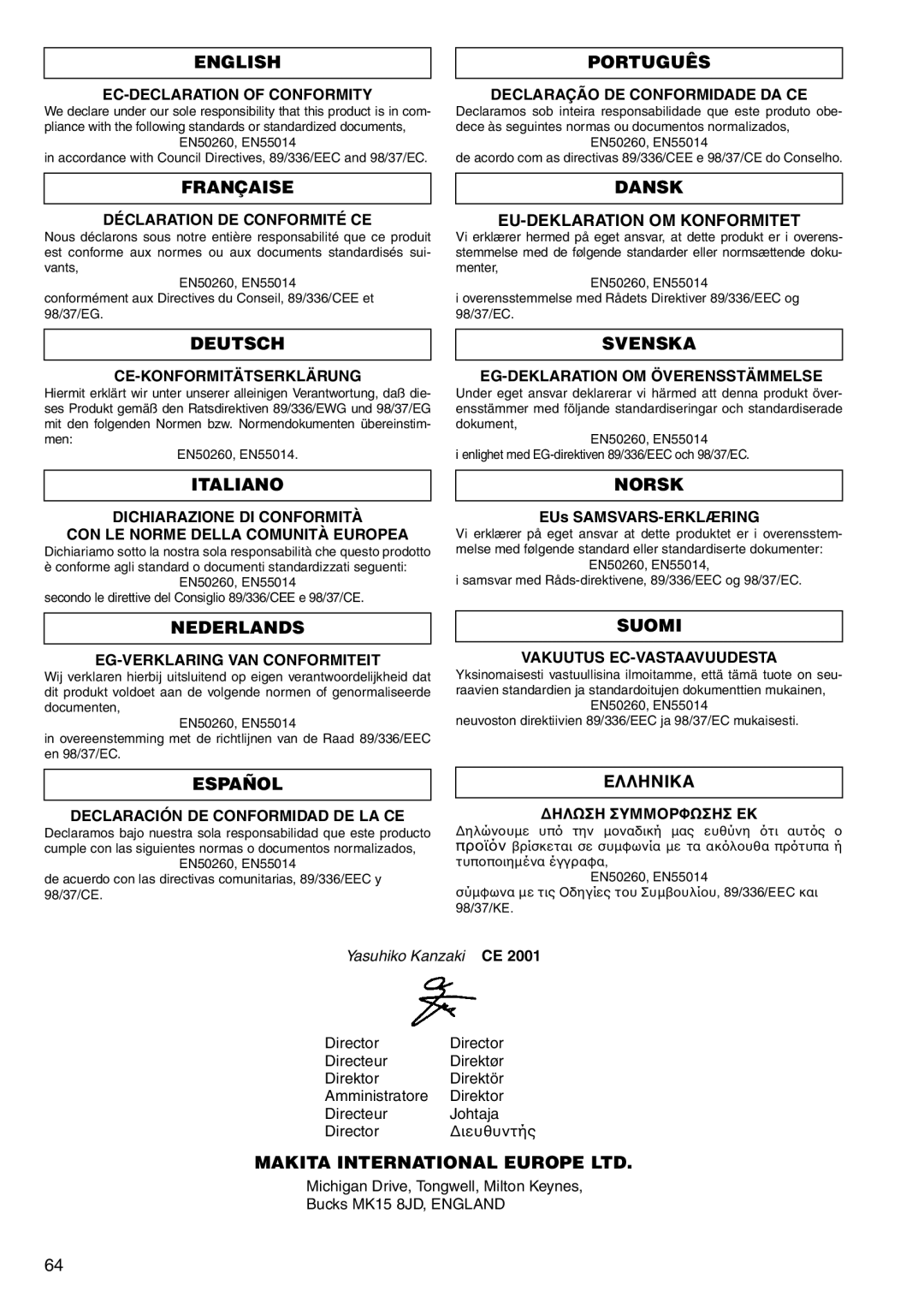 Makita 6207D, 6347D English, Português, Française, Dansk, Deutsch, Svenska, Italiano, Norsk, Nederlands, Español, Suomi 