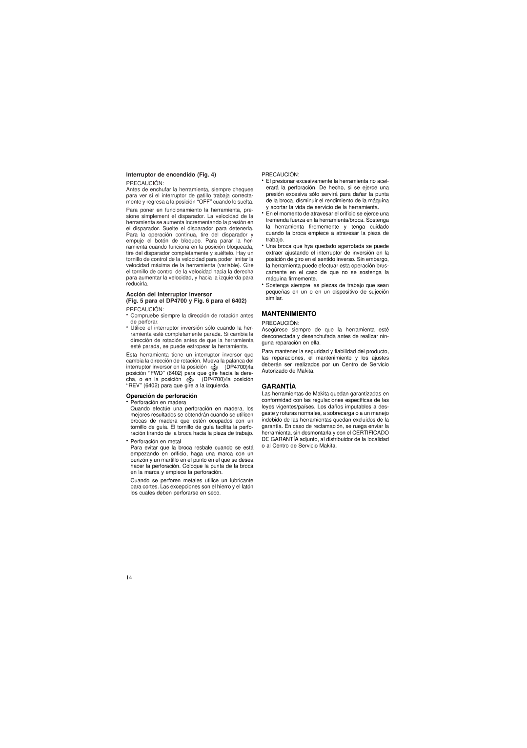 Makita 6402 DP4700 Mantenimiento, Interruptor de encendido Fig, Acción del interruptor inversor, Operación de perforación 