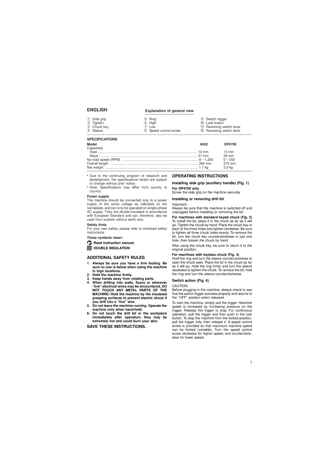 Makita 6402 DP4700 instruction manual English, Additional Safety Rules, Operating Instructions, Specifications 