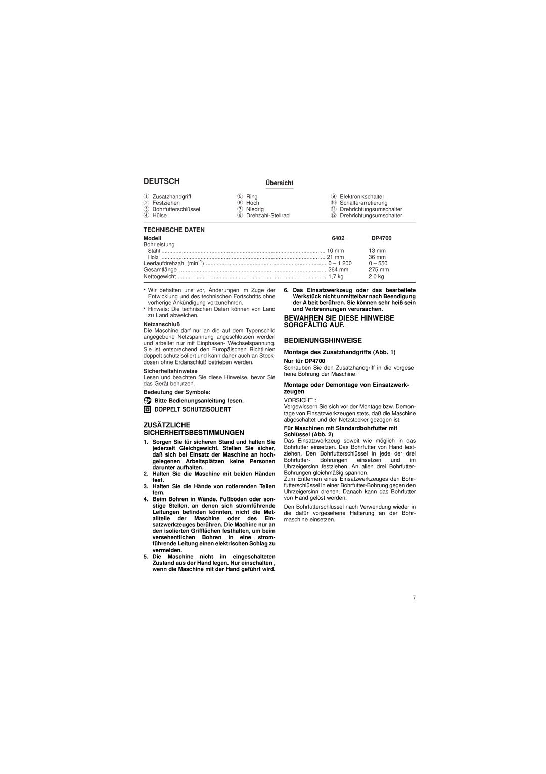 Makita 6402 DP4700 Deutsch, Zusätzliche Sicherheitsbestimmungen, Technische Daten, Montage des Zusatzhandgriffs Abb 