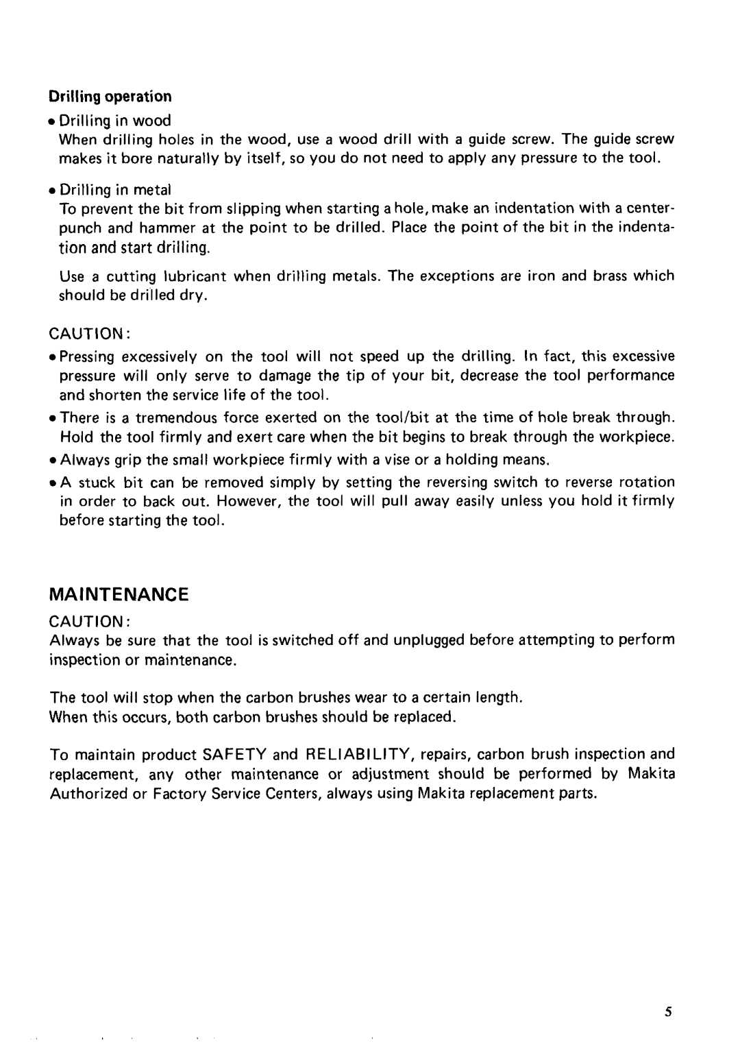 Makita 6402 instruction manual Maintenance, Drilling operation Drilling in wood 