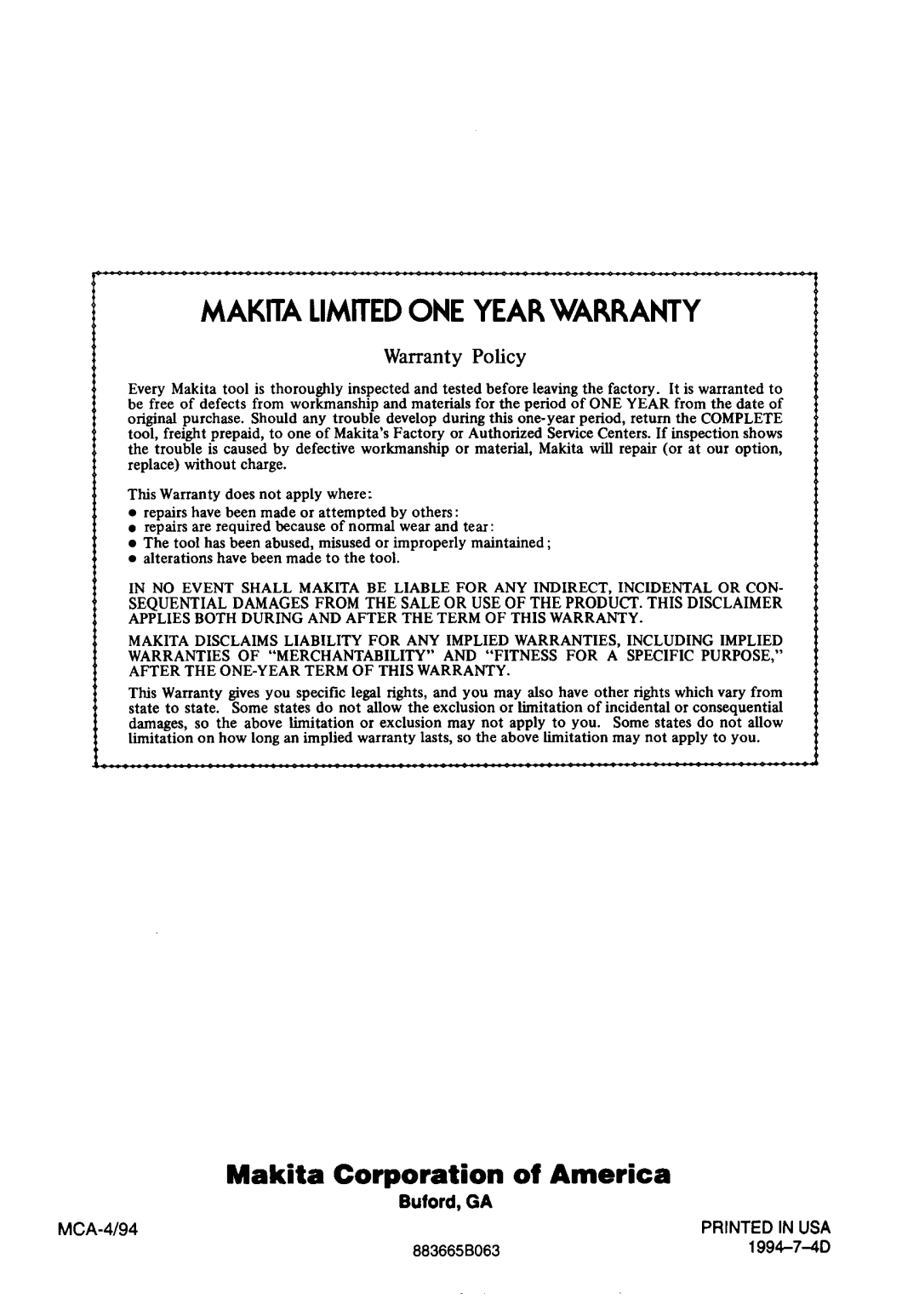 Makita 6404 instruction manual Makita Limitedone Year Warranty 