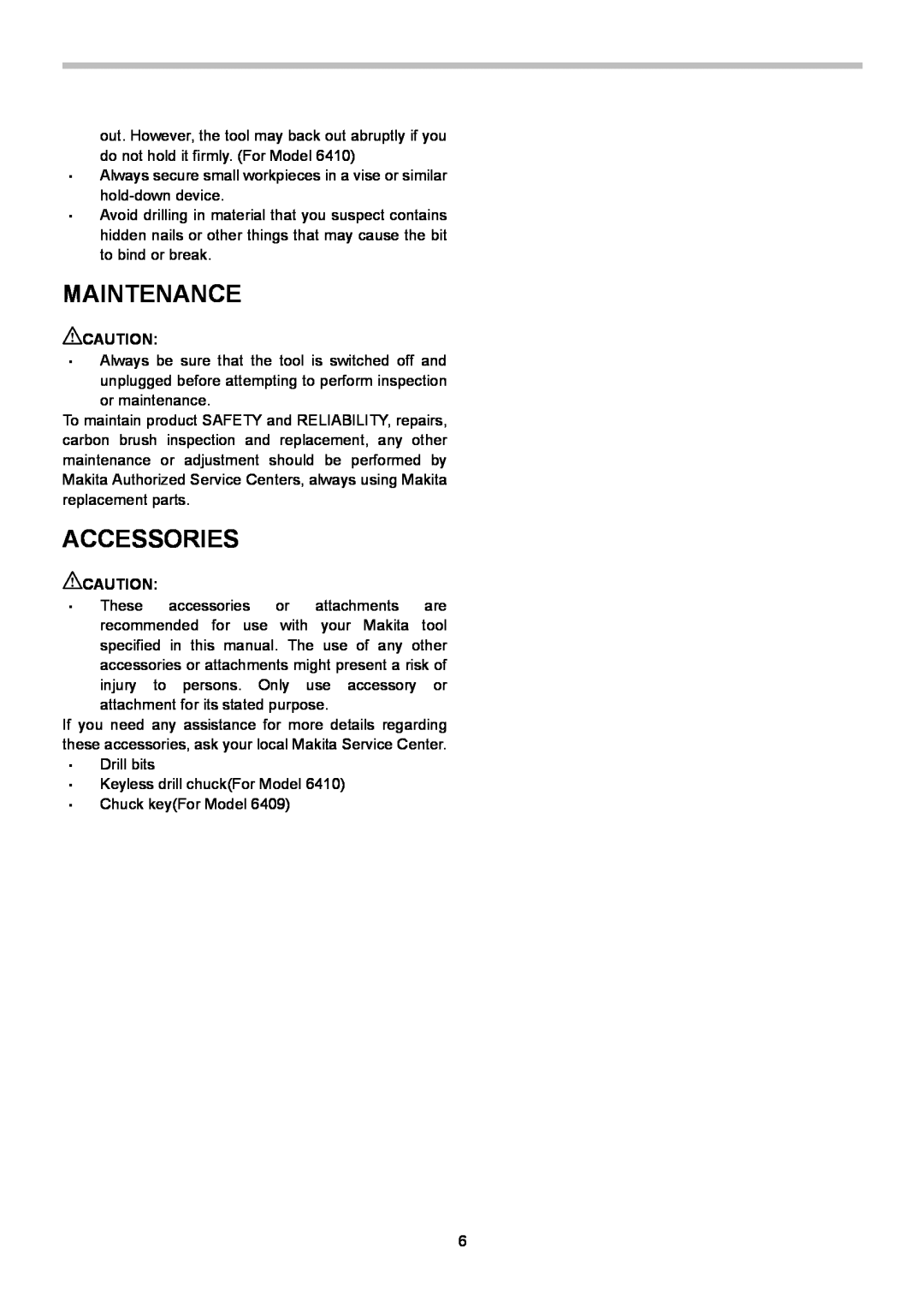 Makita 6410, 6409N instruction manual Maintenance, Accessories 