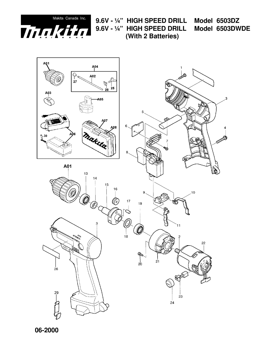 Makita manual Model 6503DZ, Model 6503DWDE, With 2 Batteries 06-2000 