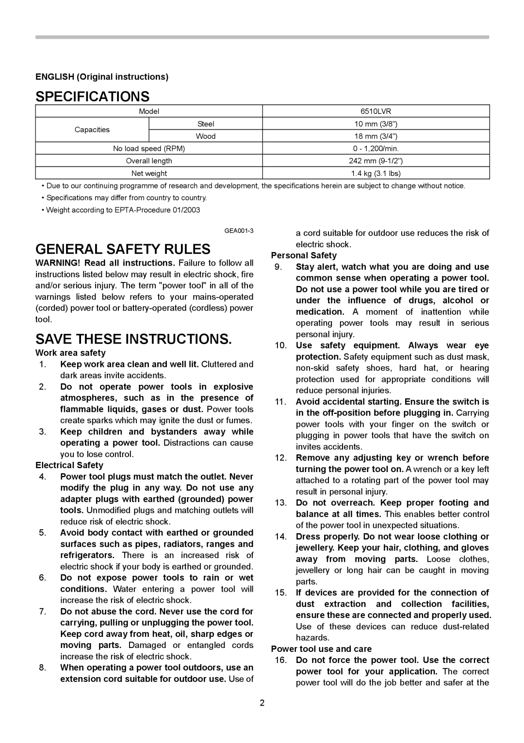 Makita 6510LVR instruction manual Specifications, General Safety Rules, English Original instructions 