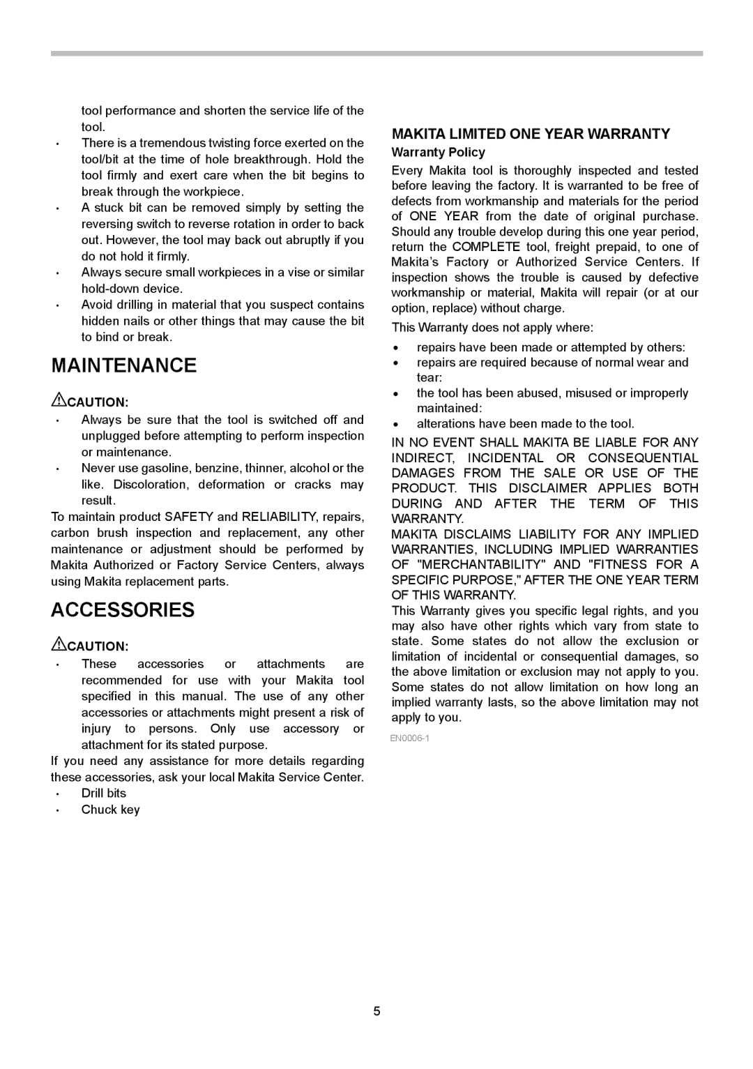 Makita 6510LVR instruction manual Maintenance, Accessories, Makita Limited ONE Year Warranty, Warranty Policy 