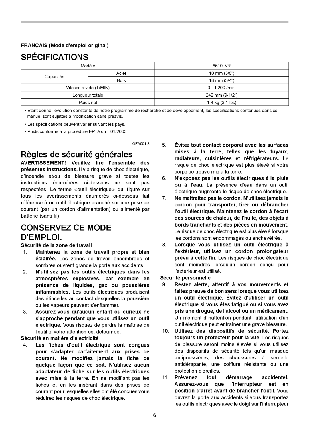 Makita 6510LVR Spécifications, Règles de sécurité générales, Conservez CE Mode Demploi, Français Mode d’emploi original 