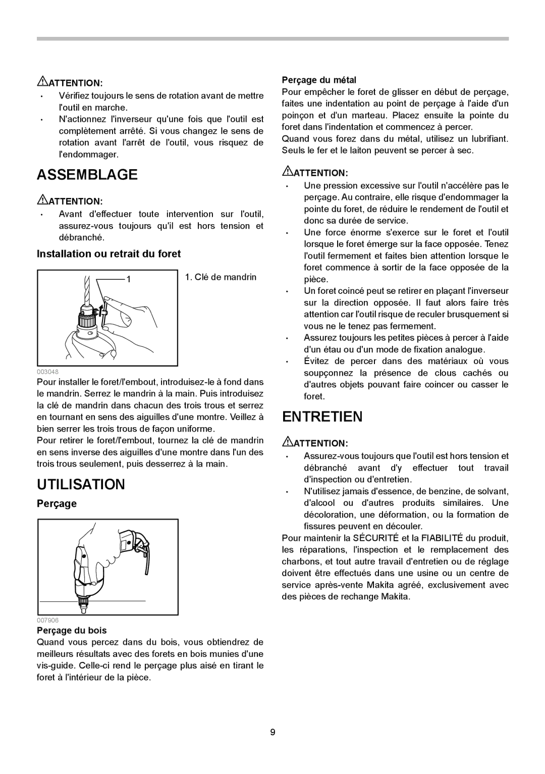 Makita 6510LVR instruction manual Assemblage, Utilisation, Entretien, Installation ou retrait du foret, Perçage 