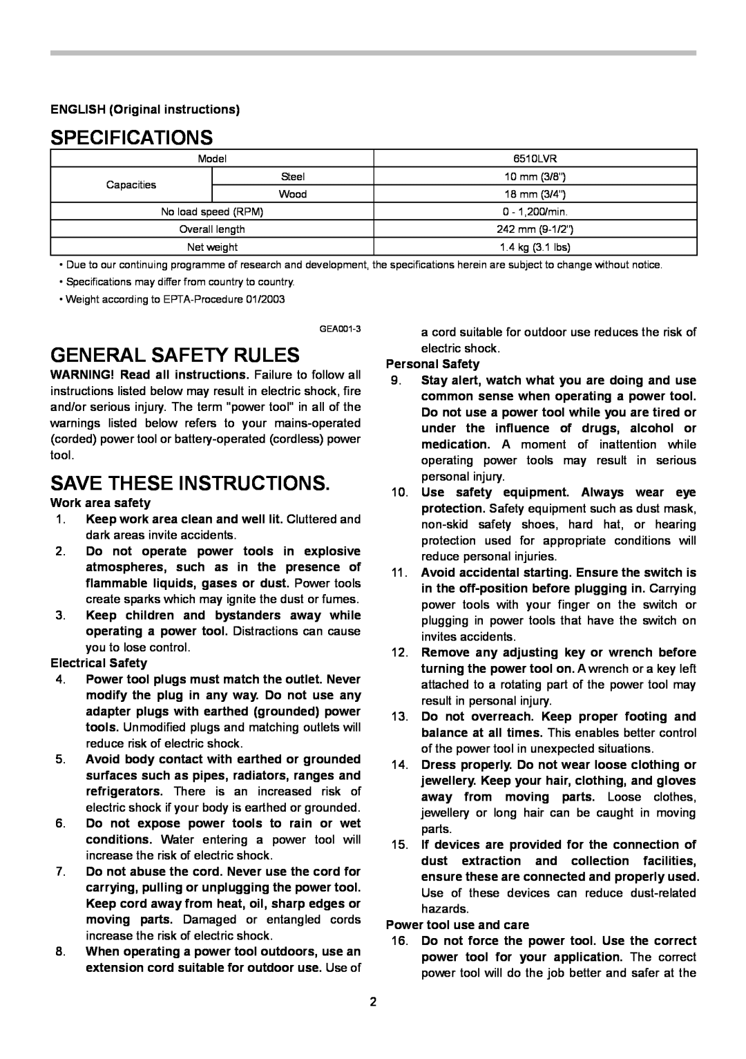 Makita 6510LVR instruction manual Specifications, General Safety Rules, Save These Instructions 