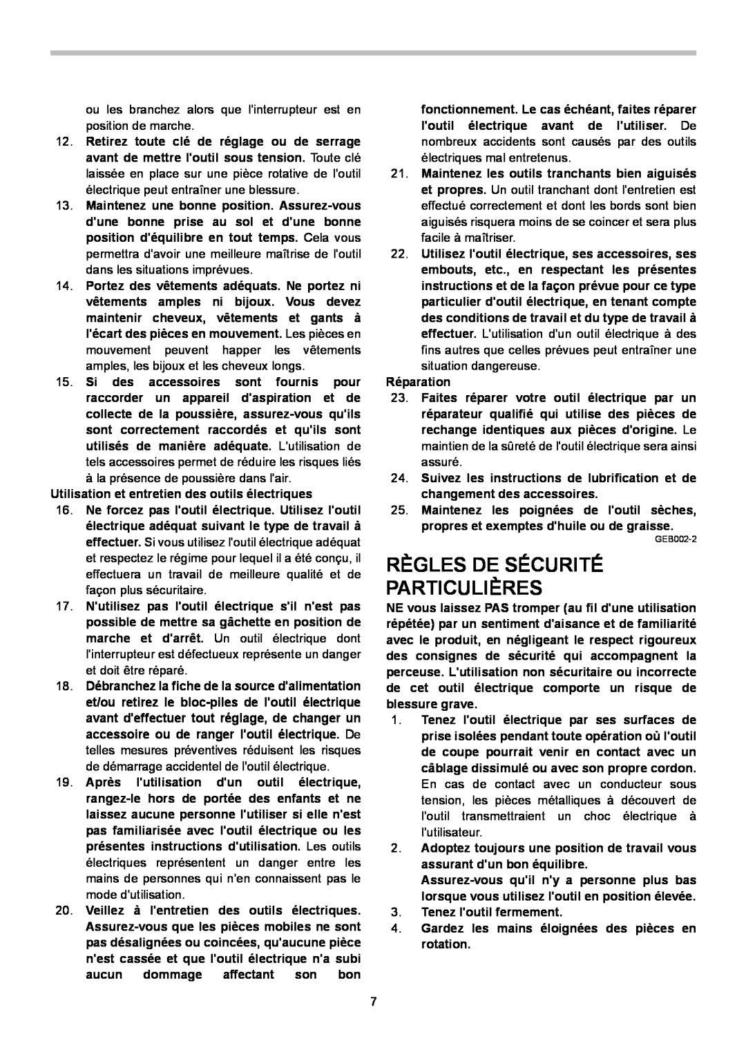 Makita 6510LVR instruction manual Règles De Sécurité Particulières 