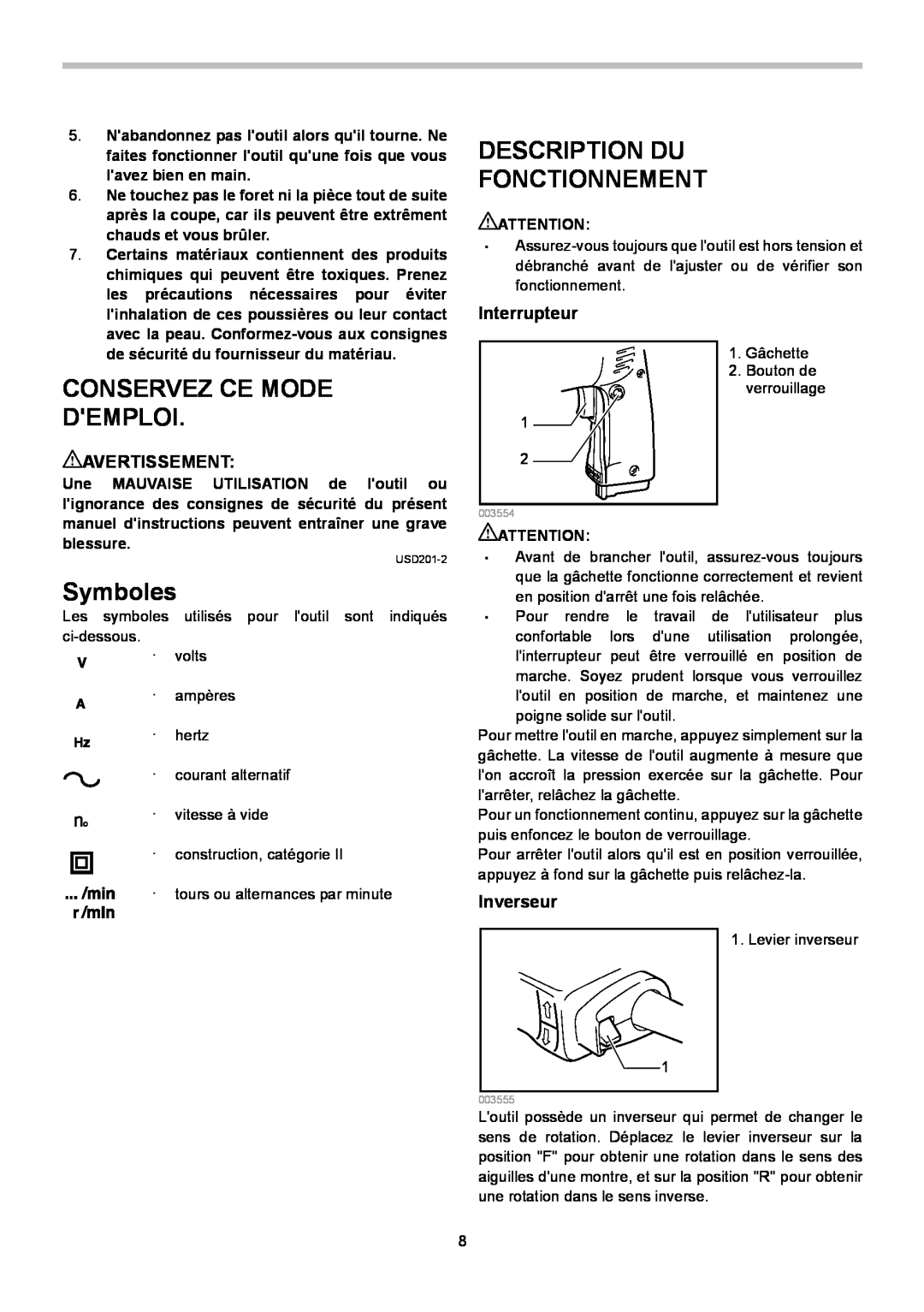 Makita 6510LVR Description Du Fonctionnement, Symboles, Conservez Ce Mode Demploi, Interrupteur, Avertissement, Inverseur 