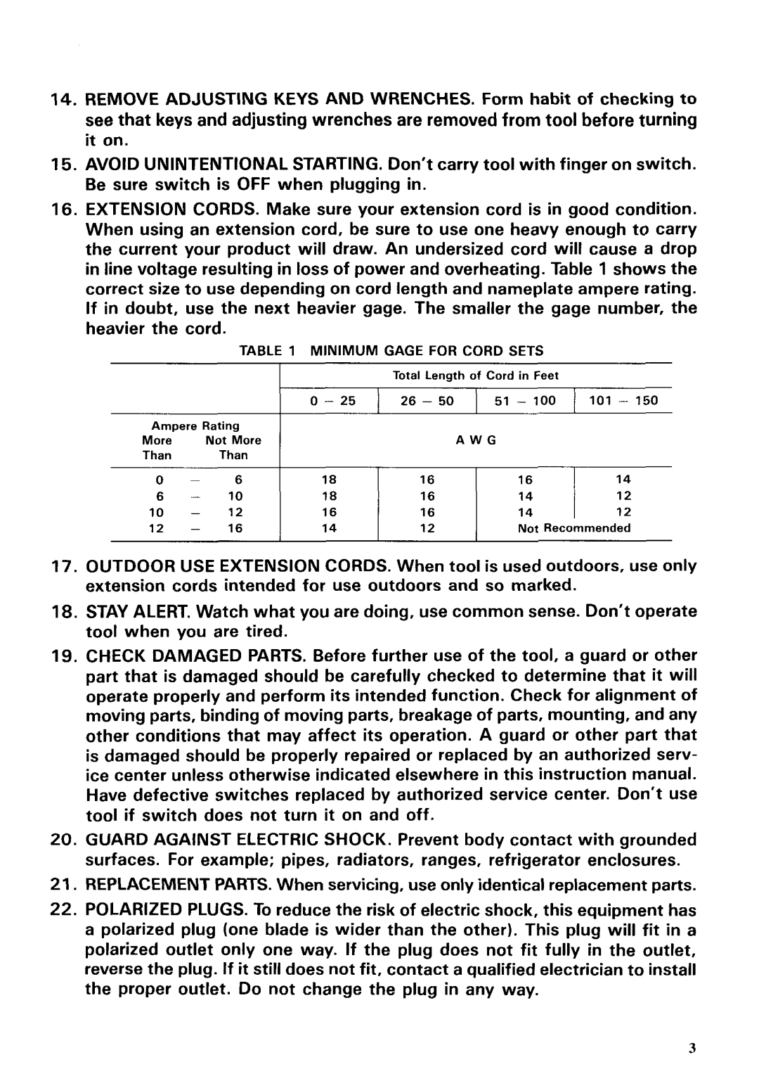 Makita 6703DW instruction manual Minimum Gage for Cord Sets 