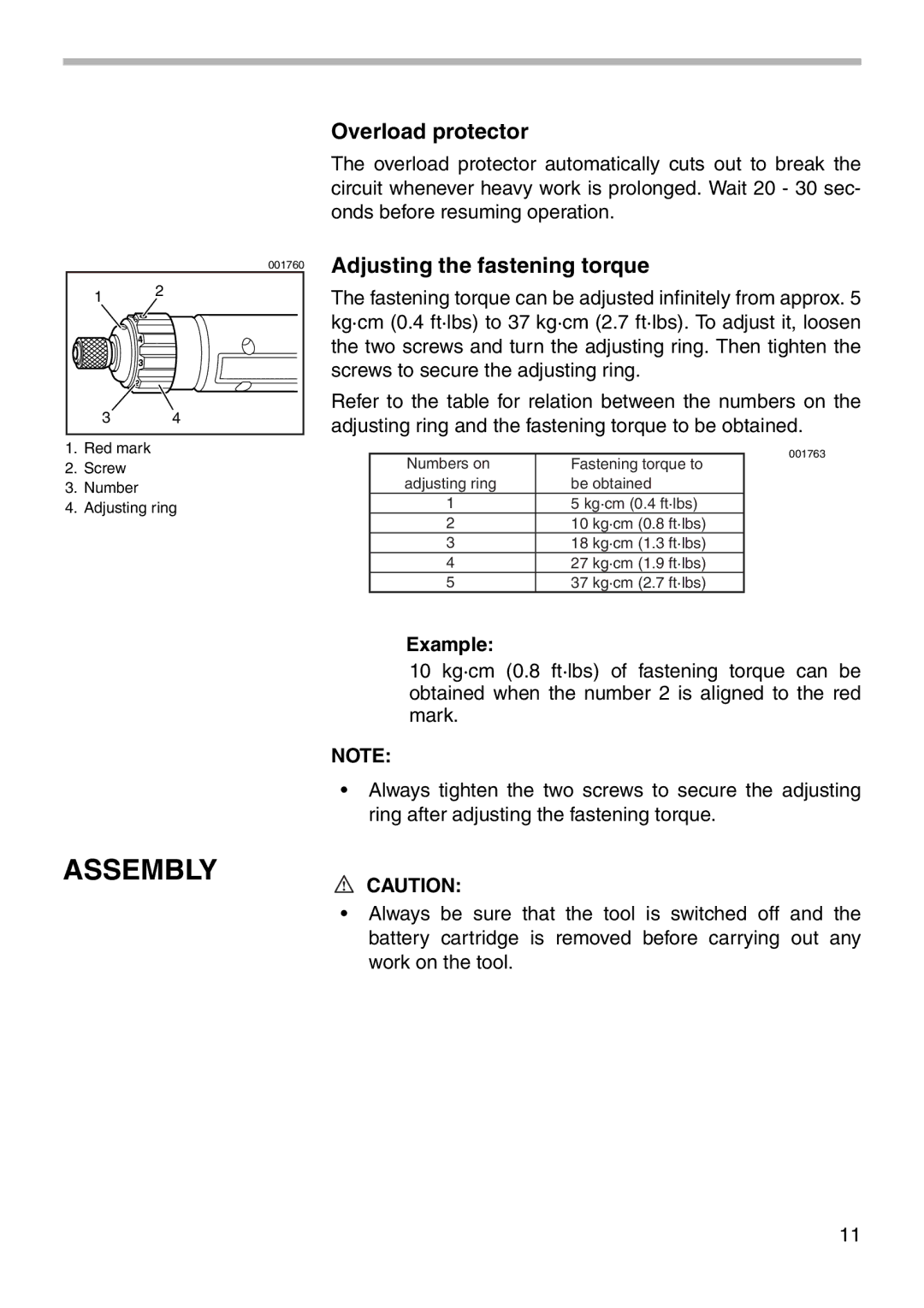 Makita 6705D instruction manual Assembly, Overload protector, Adjusting the fastening torque, Example 