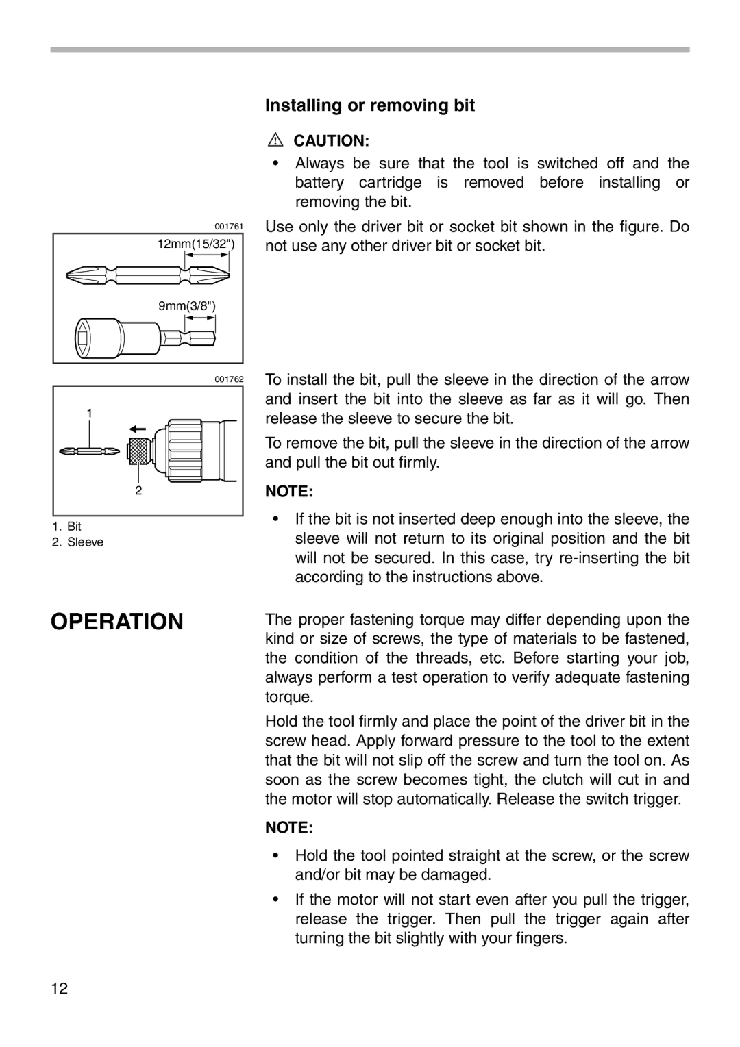 Makita 6705D instruction manual Operation, Installing or removing bit 