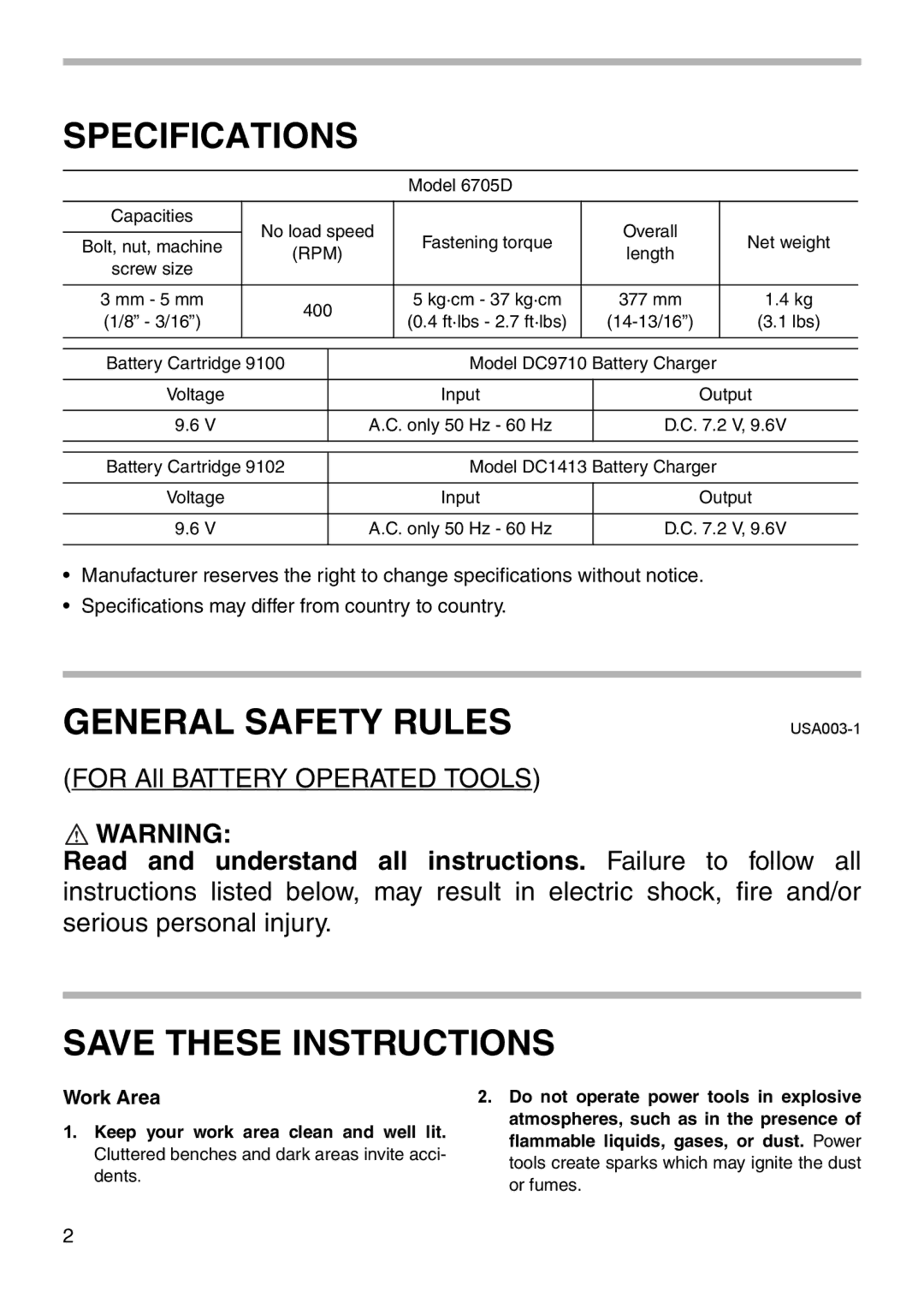 Makita 6705D instruction manual Specifications, General Safety Rules 