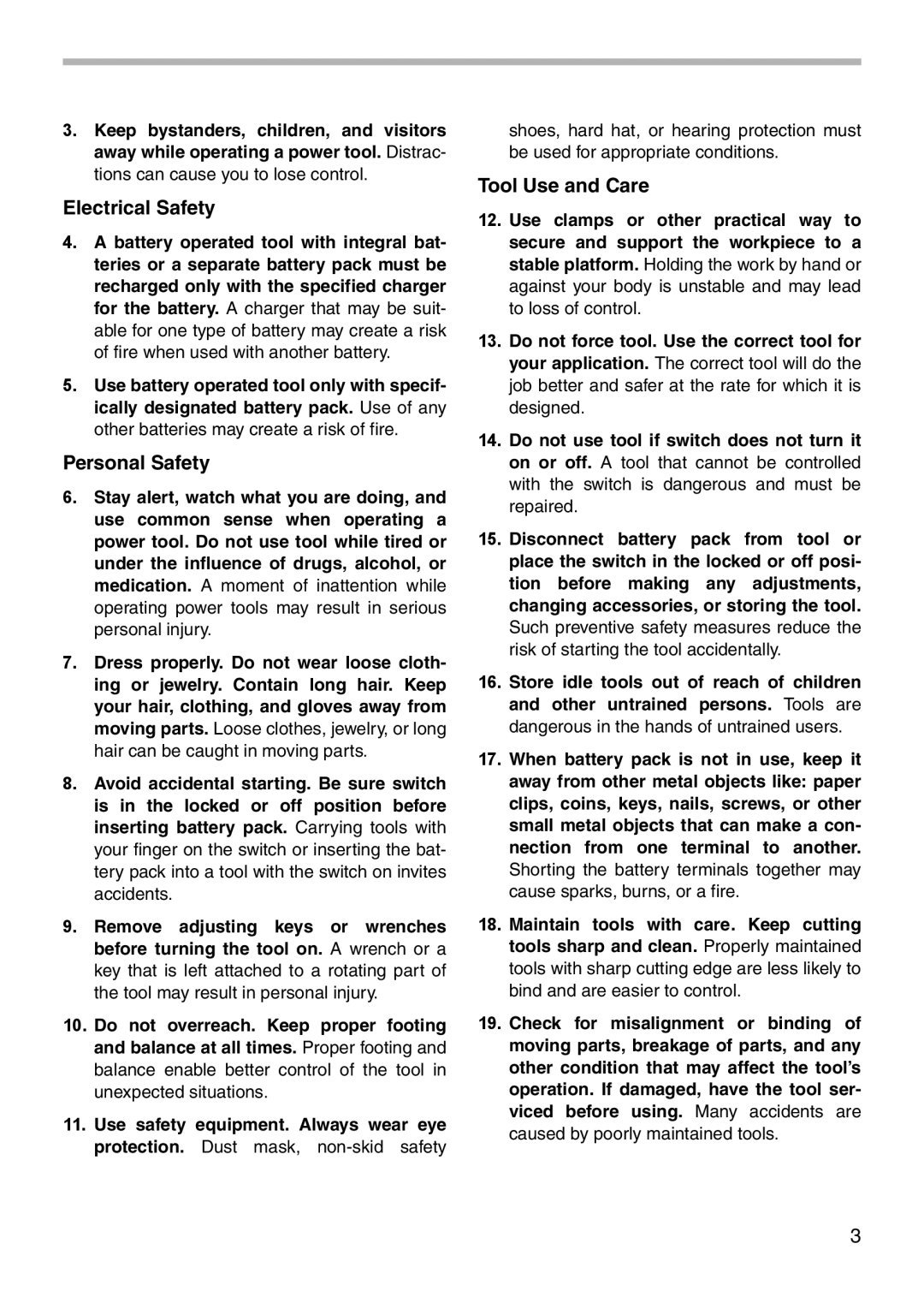 Makita 6705D instruction manual Electrical Safety, Personal Safety, Tool Use and Care 