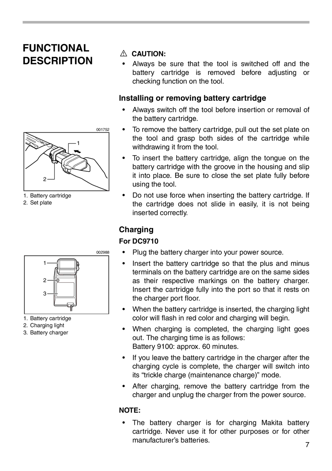 Makita 6705D instruction manual Functional Description, Installing or removing battery cartridge, Charging, For DC9710 